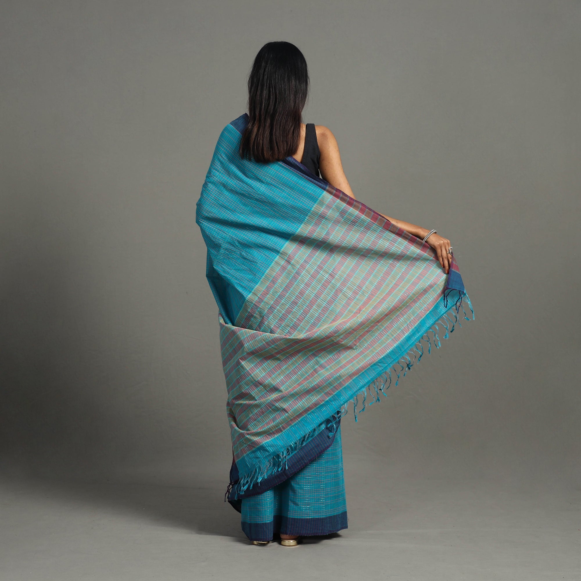 CREYO Blue - Bazaar Checks Cotton Handloom Saree 44 - view 3
