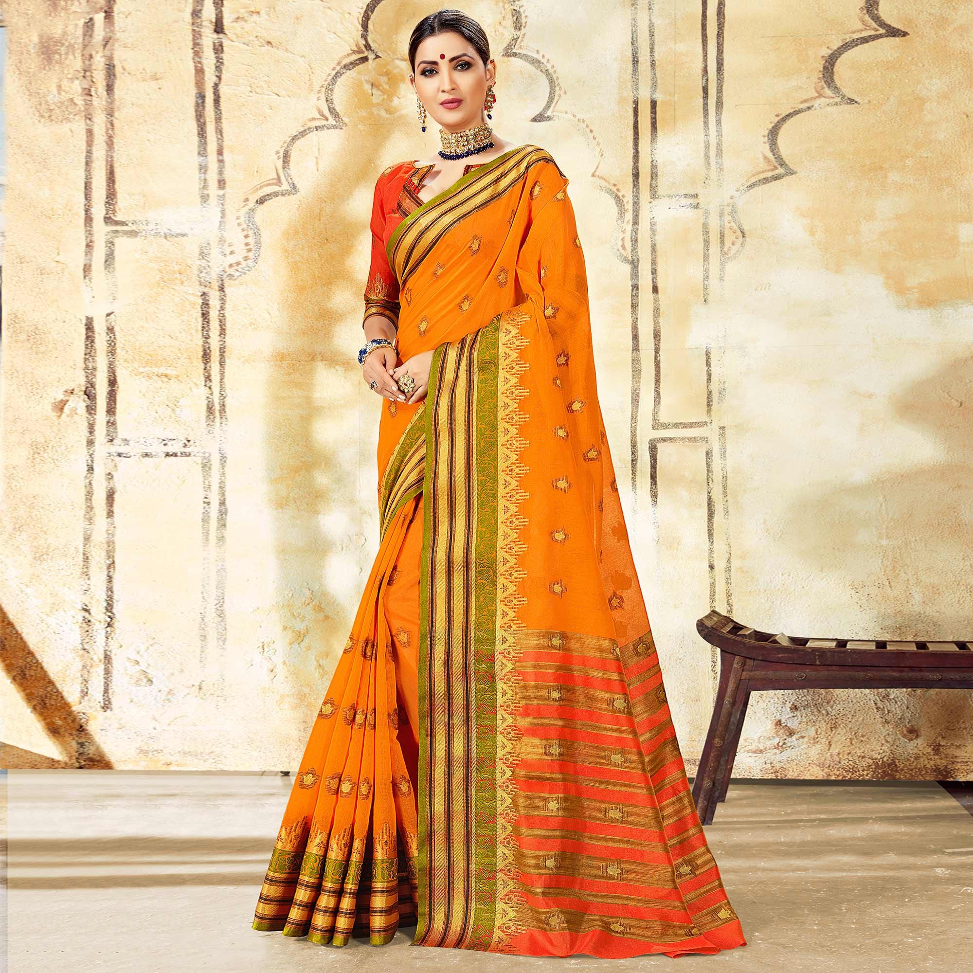 Peachmode Exotic Orange Colored Festive Wear Woven Cotton Saree