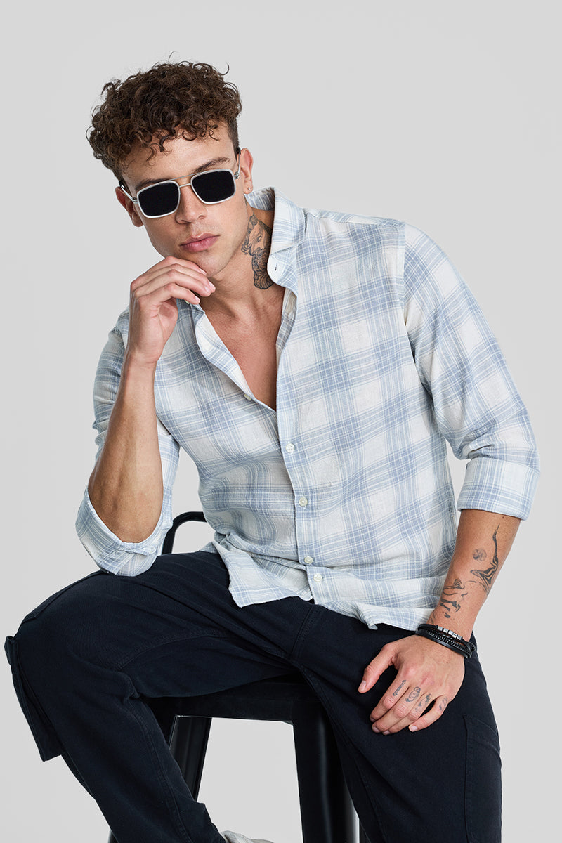 SNITCH Light Blue Checks Linen Blend Shirt