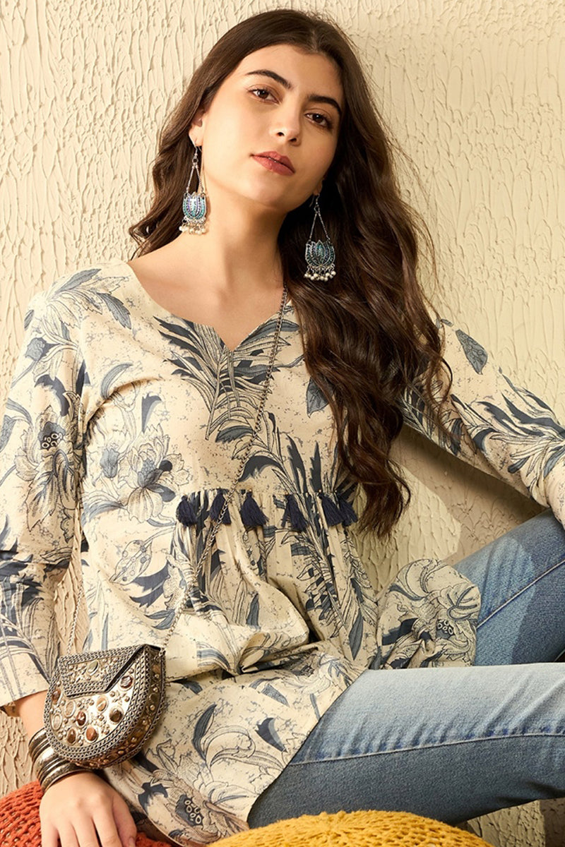 Ahika Pink Cotton Blend Floral Printed Peplum Tunic VT1285
