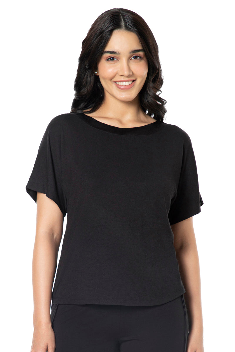 Amante Satin Edge Half Sleeve Round Neck Sleep Top - Black