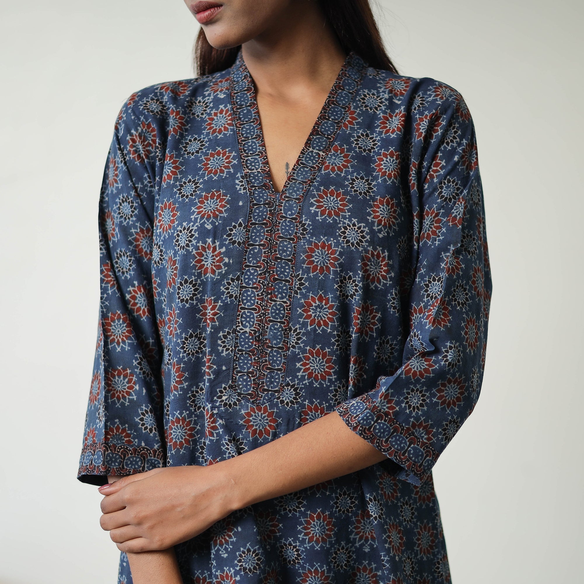 ITOKRI CASUALS Blue - Block Printed Cotton Straight Ajrakh Kurta 25 - view 6