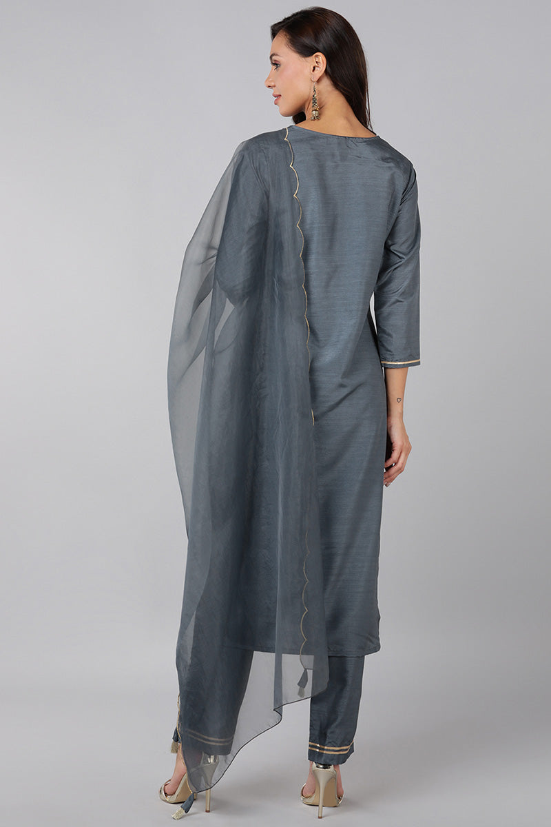 Ahika Grey Poly Silk Solid Straight Suit Set PKSKD1322 - view 4