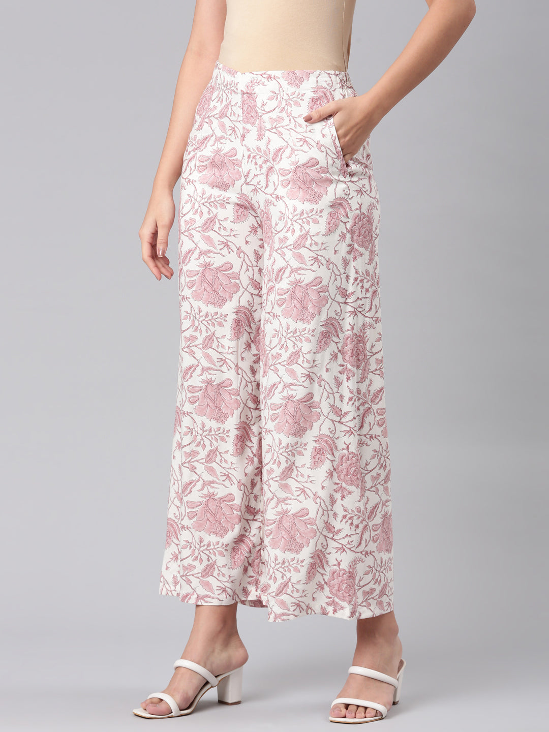 Go Colors Women Medium Pinks Viscose Mid Rise Printed Palazzo