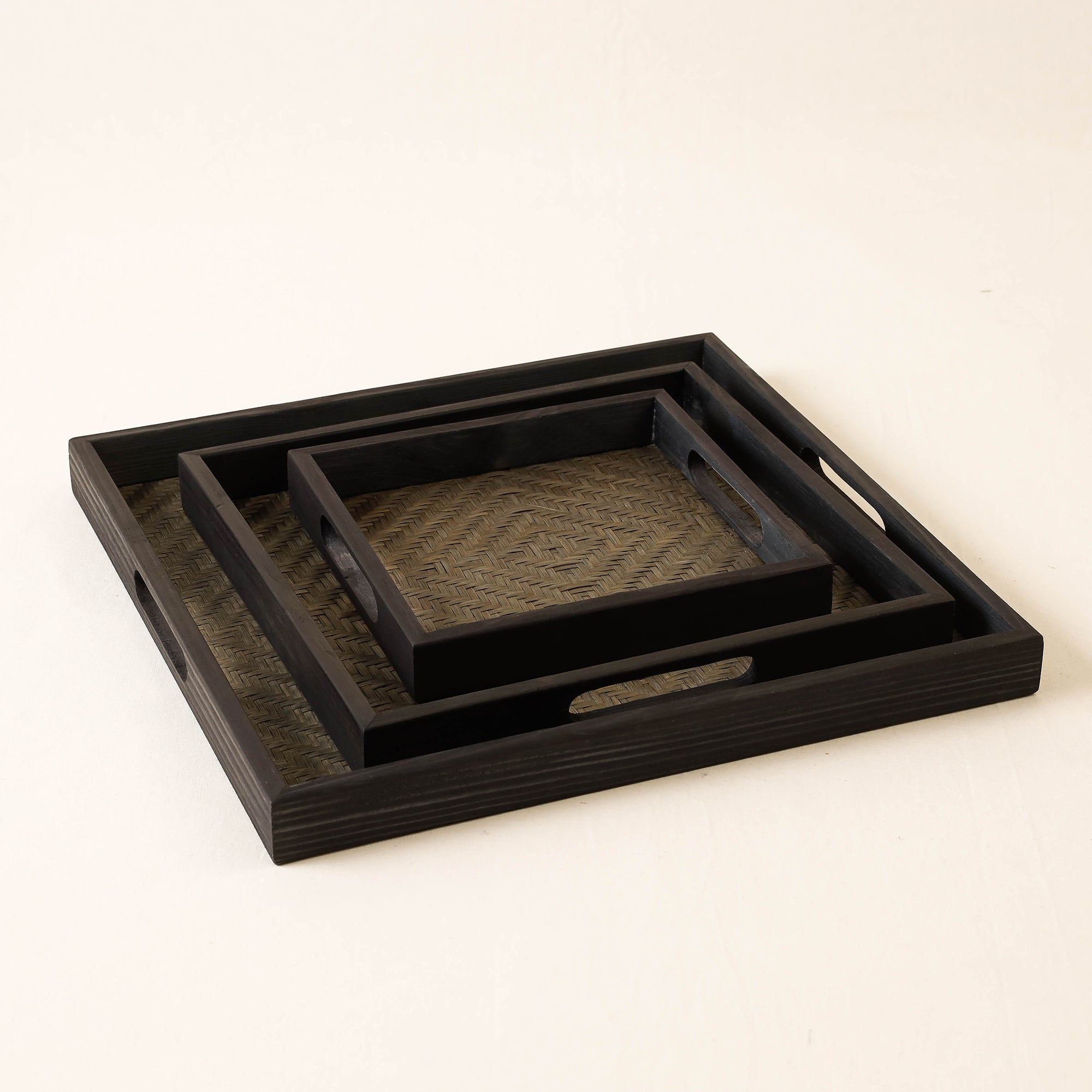 Black - Kadam Haat Handmade Bamboo Square Tray ( Set of 3)