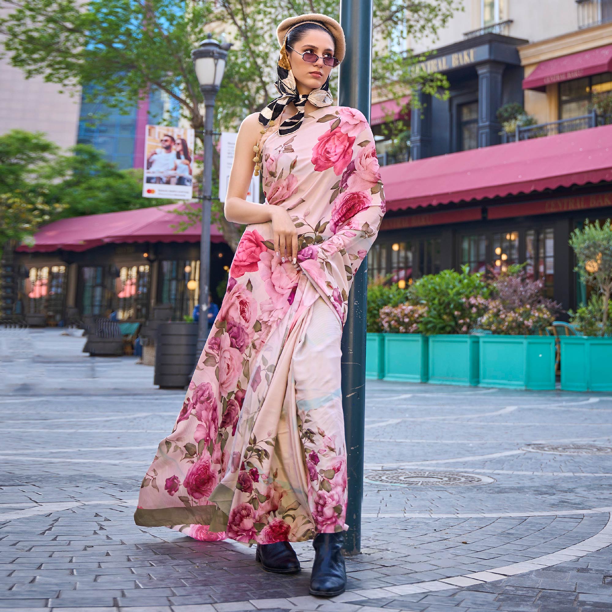 Peachmode Light Chikoo Digital Printed Crepe Saree - view 2