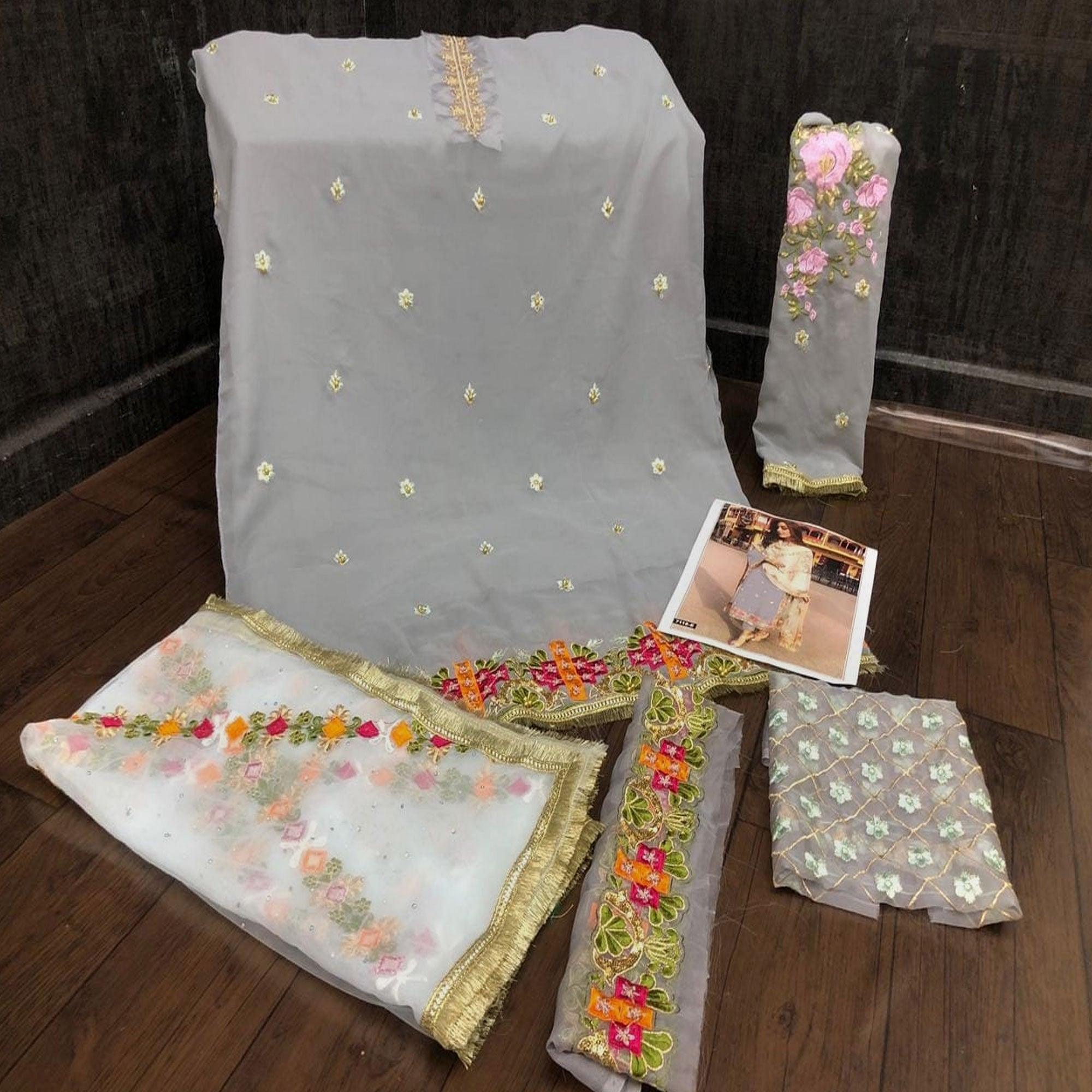 Peachmode Grey Partywear Straight cut Style Embroidery and Moti Work faux Georgette Salwar Suit - view 2