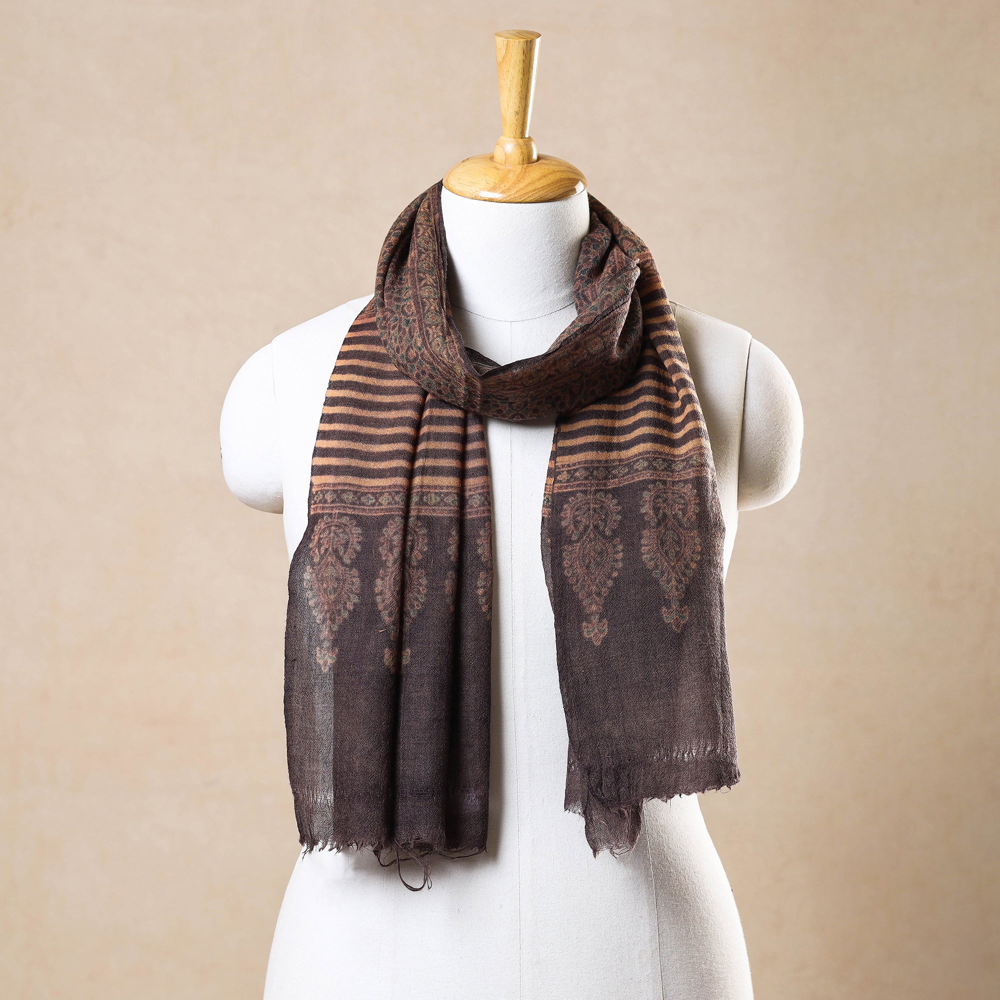 AJRAKH BY JABBAR KHATRI Brown - Ajrakh Hand Block Printed Pure Woolen Stole