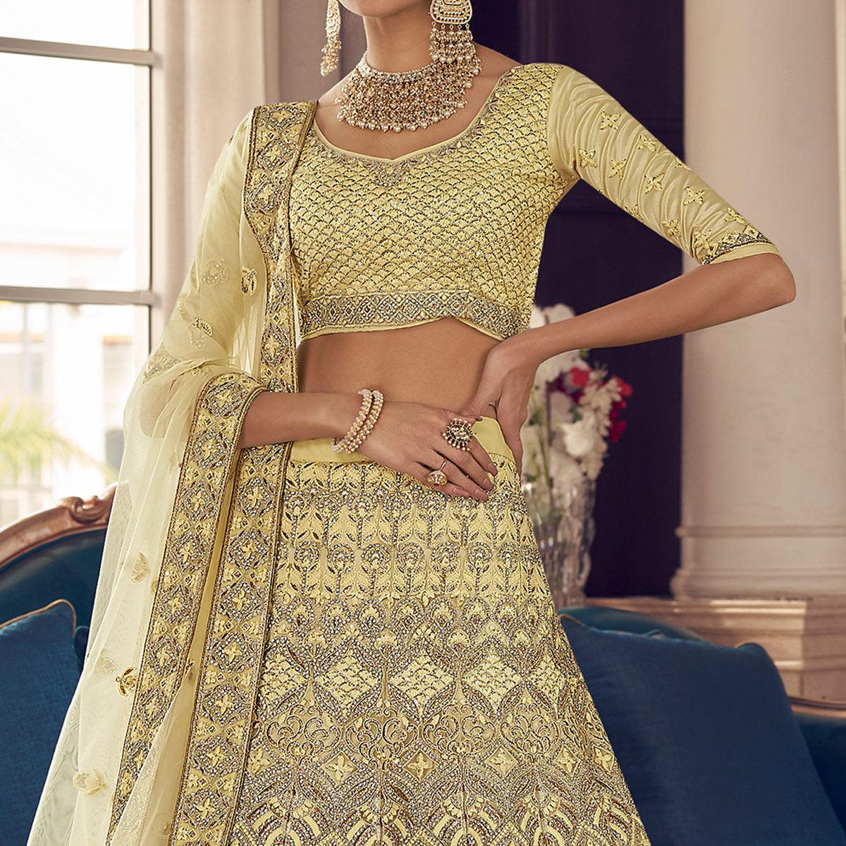 Peachmode Lemon Yellow Partywear Embroidered Organza Lehenga Choli - view 2