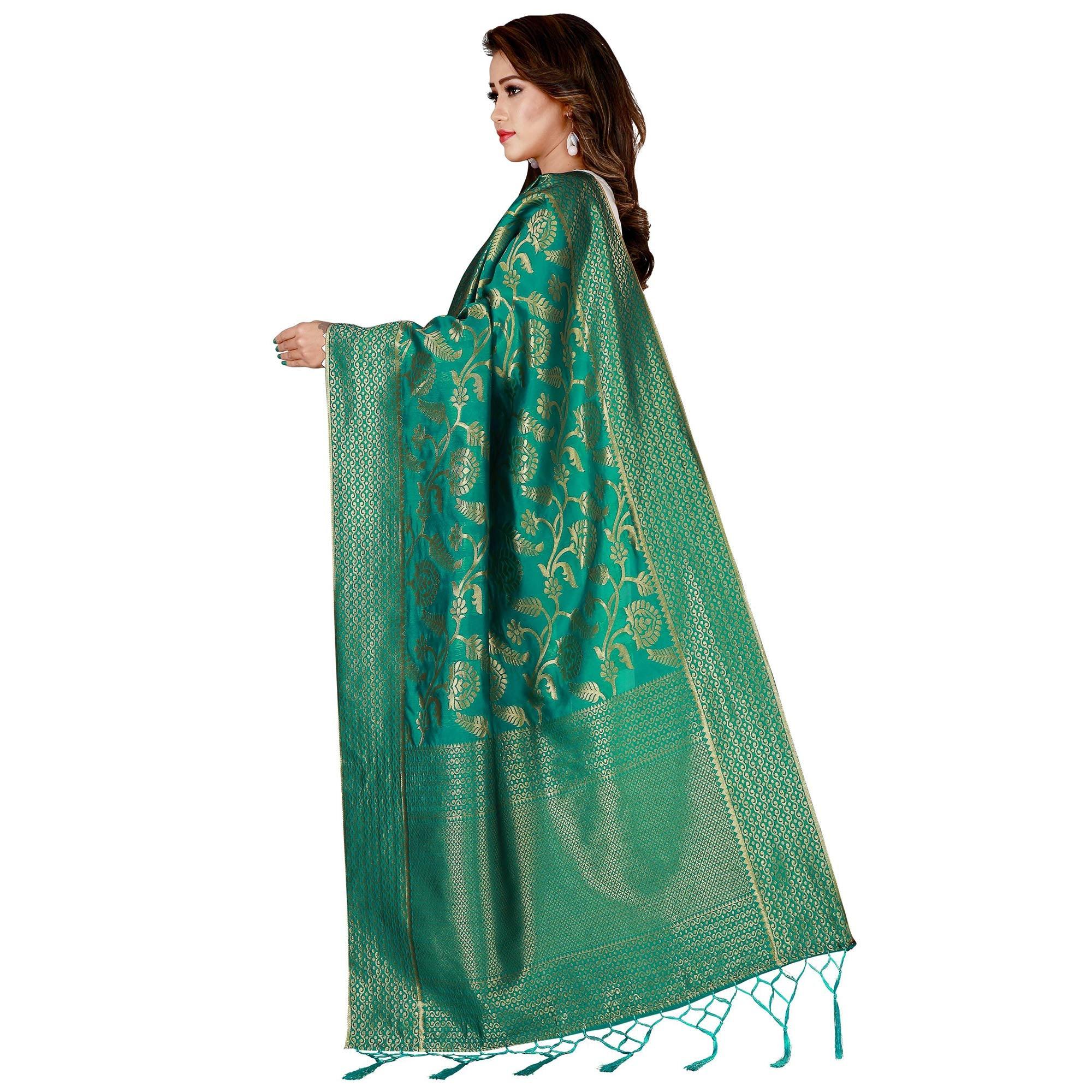 Peachmode Seller Engrossing Green Colored Festive Wear Banarasi Silk Dupatta - view 3