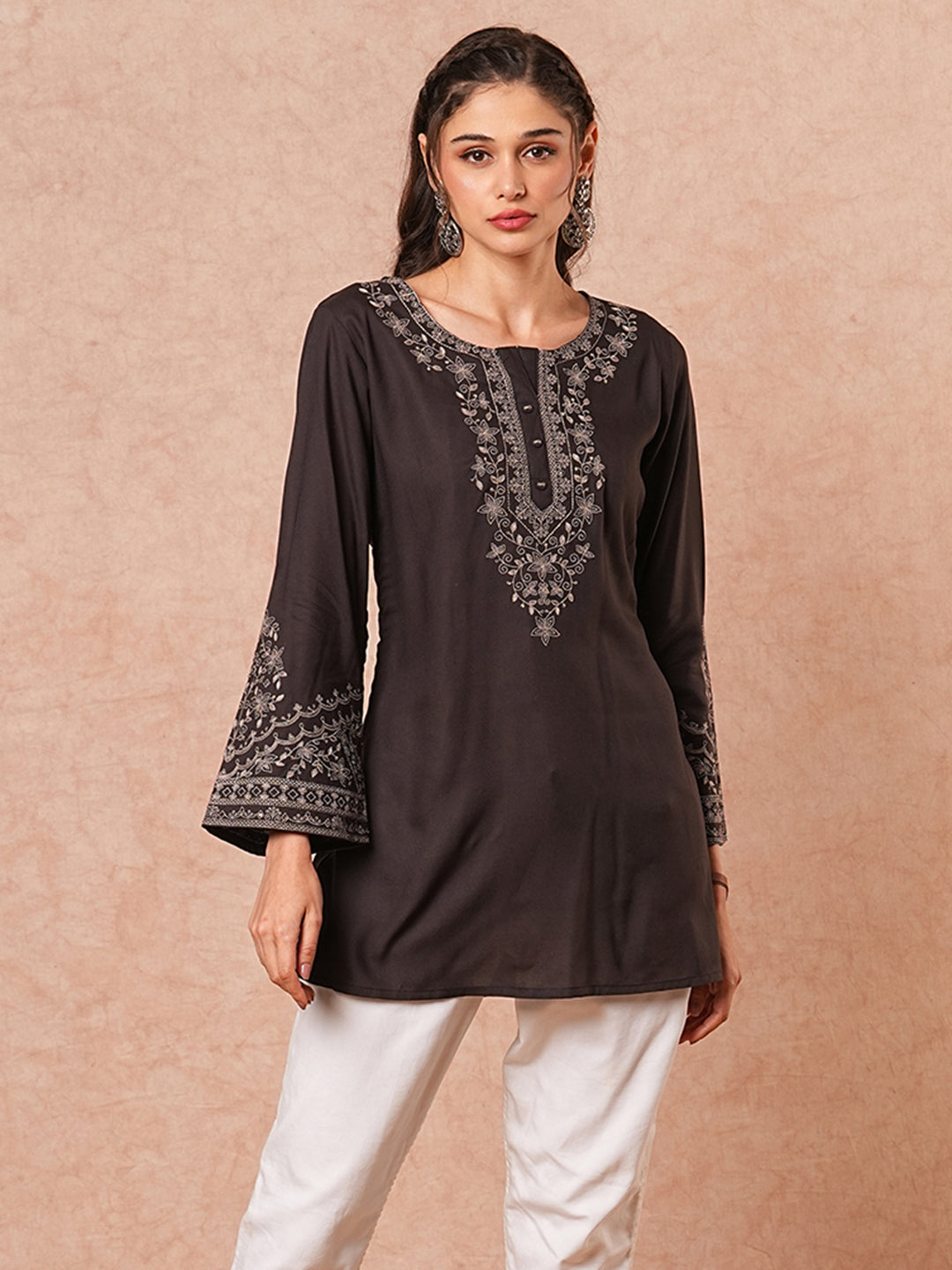 Fashor Solid Floral Sequin Embroidered A-Line Short Kurti - Black - view 4