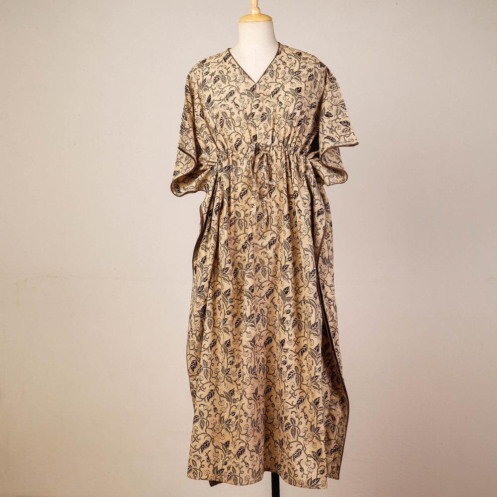 CHUTNEY CRAFT STUDIO Beige - Block Print Cotton Kalamkari Kaftan with Tie-Up Waist (Long)