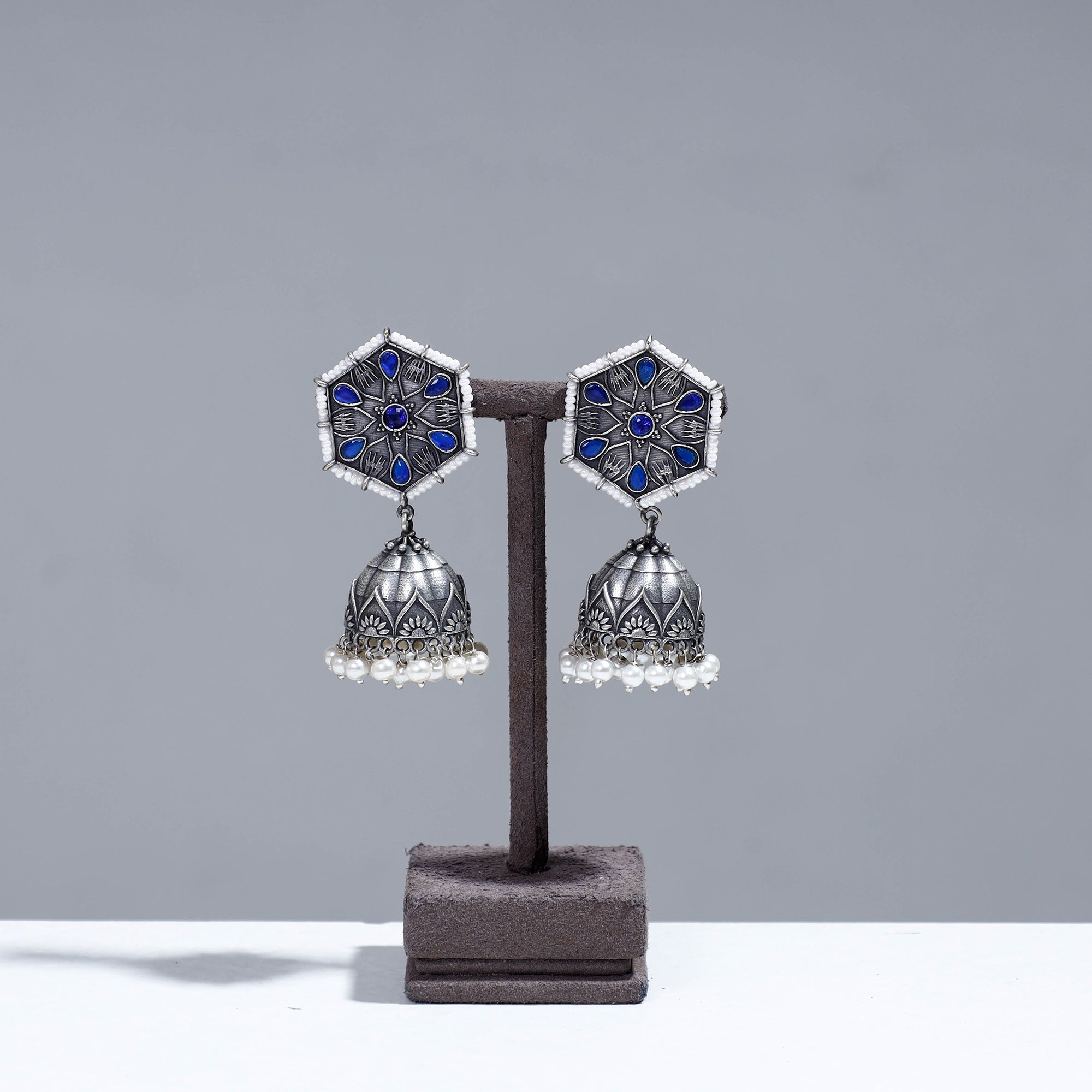 WHITE RIVER STORIES Antique Silver Finish Oxidised Brass Base Stone & Beadwork Jhumka Earrings
