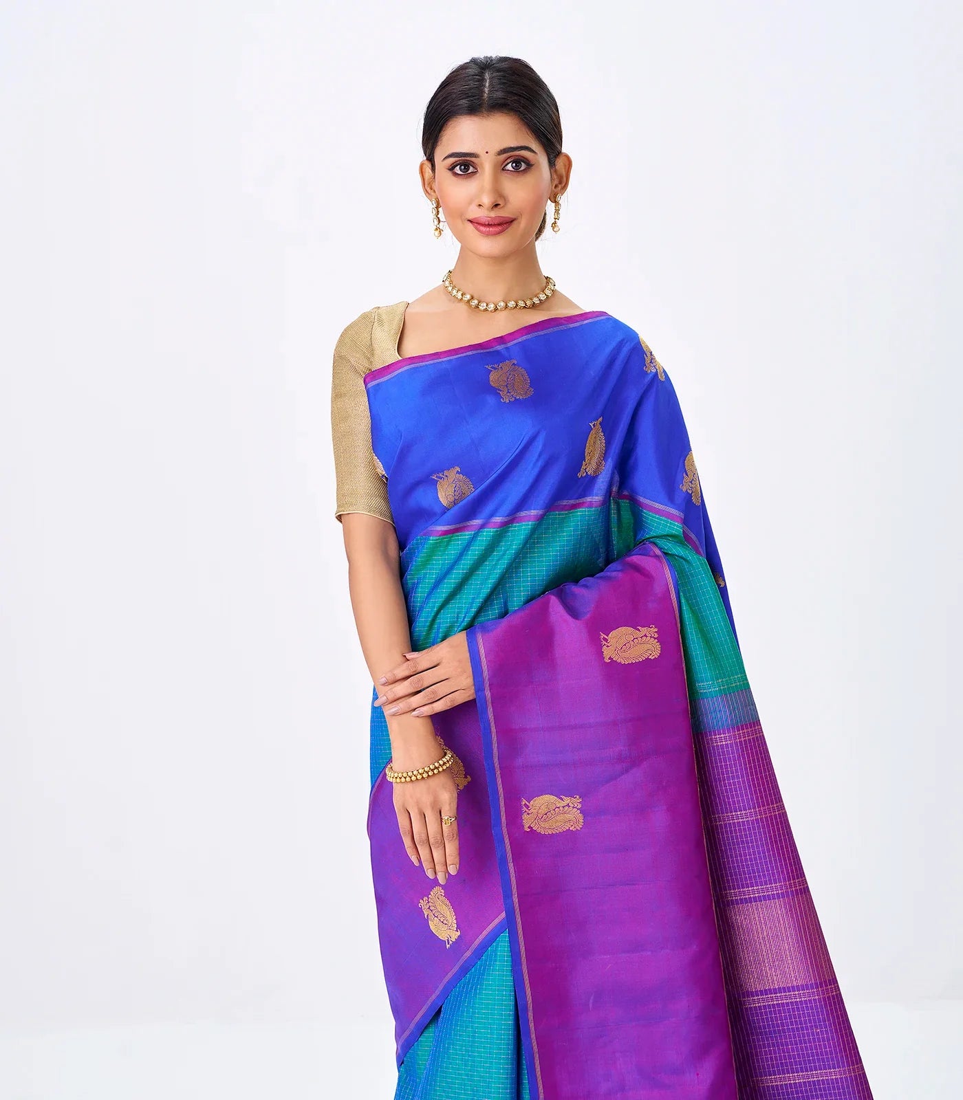 RmKV Cyan Handloom Kanchipuram Silk Saree With Zari Checks & Ganga Jamuna Border - view 2