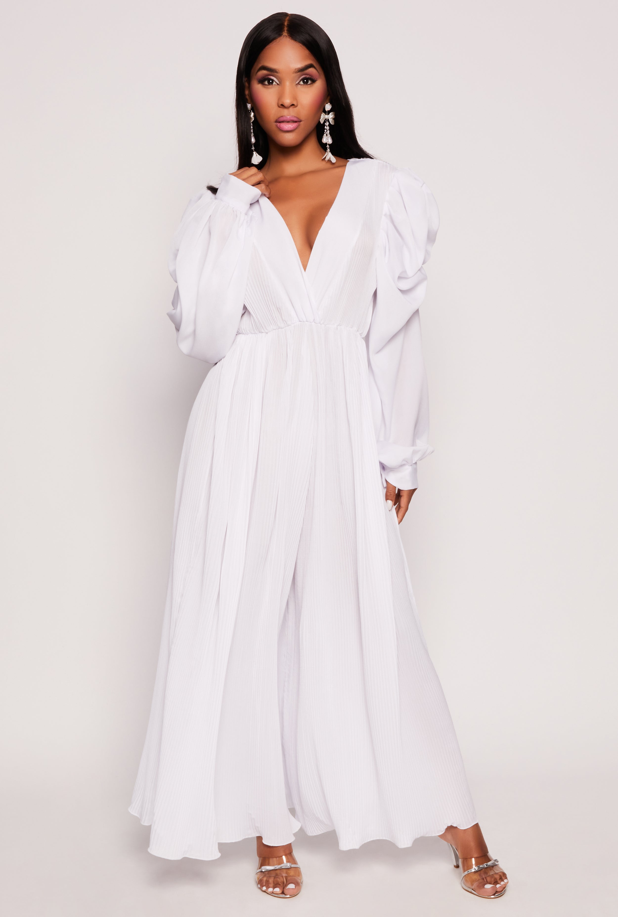Rainbow Shops Plisse Puff Sleeve Wide Leg Jumpsuit