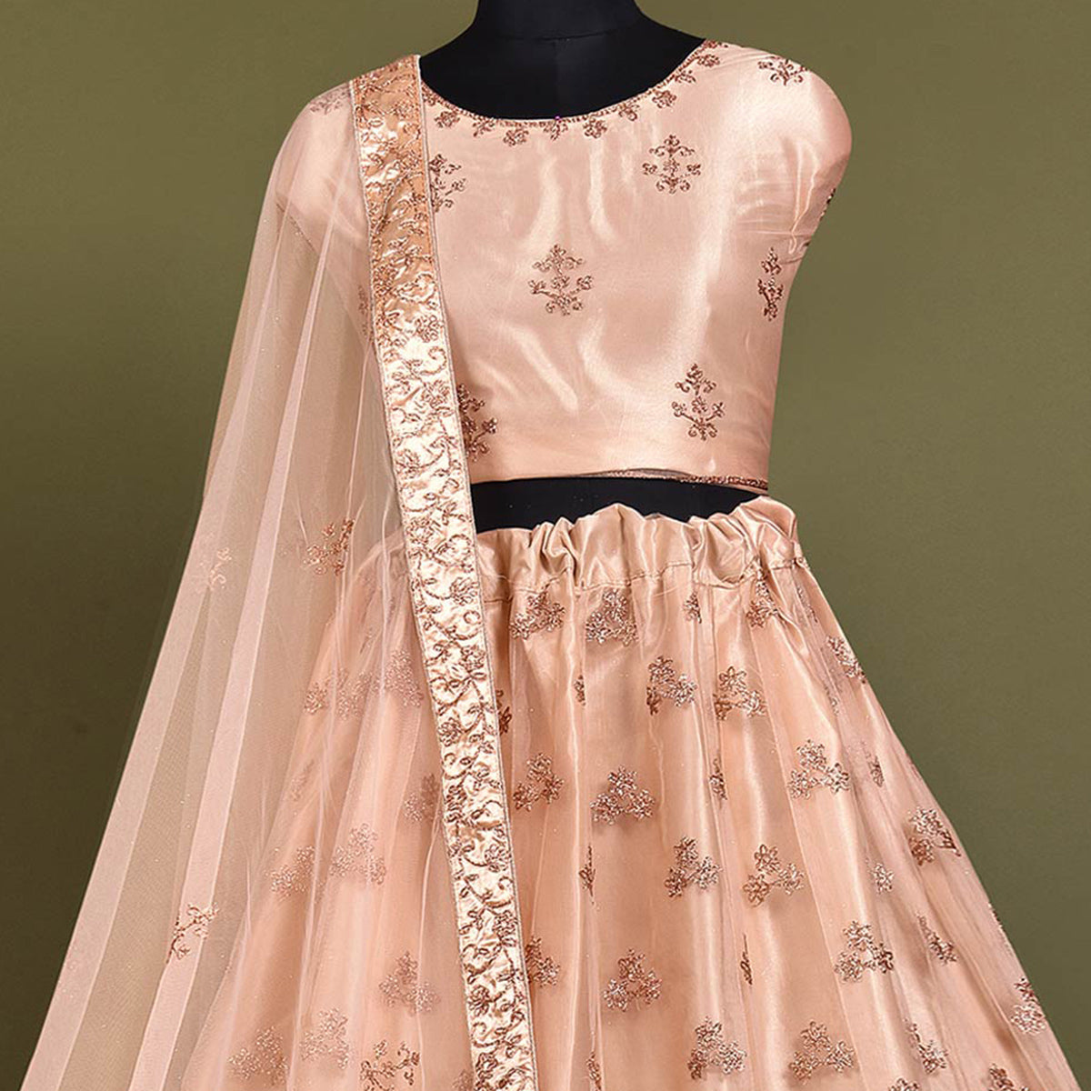 Peachmode Light Peach Floral Embroidered Net Lehenga Choli - view 2