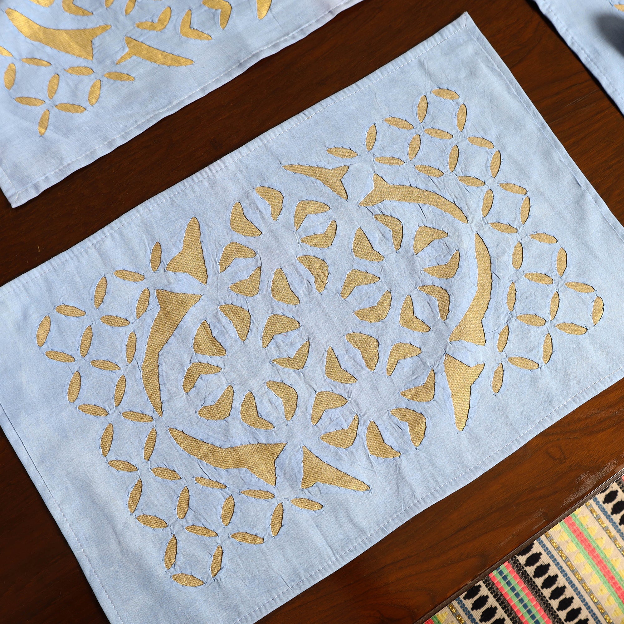 SHADES OF MARUDHARA Blue - Applique Cut Work Table Runner with Table Mat Set 14 - view 4