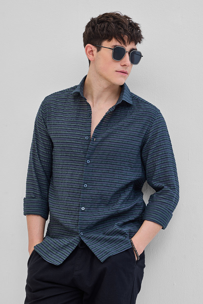 SNITCH Grey Textured Stripes Shirt – Dark Blue