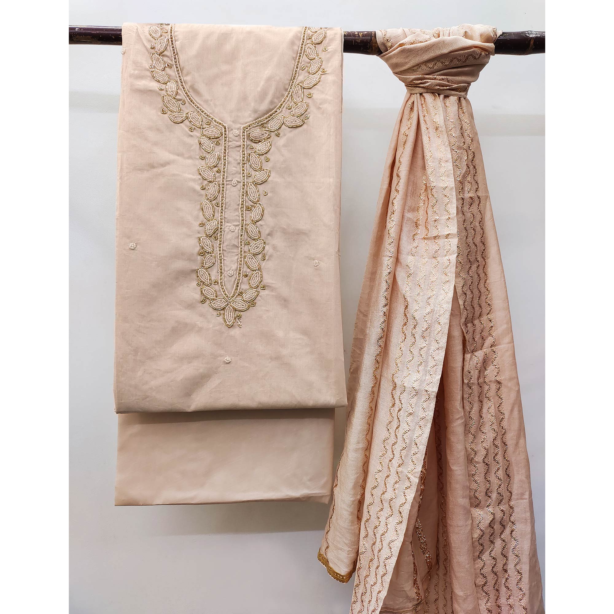 Peachmode Chikoo Zardosi Moti Work Pure Cotton Dress Material - view 4