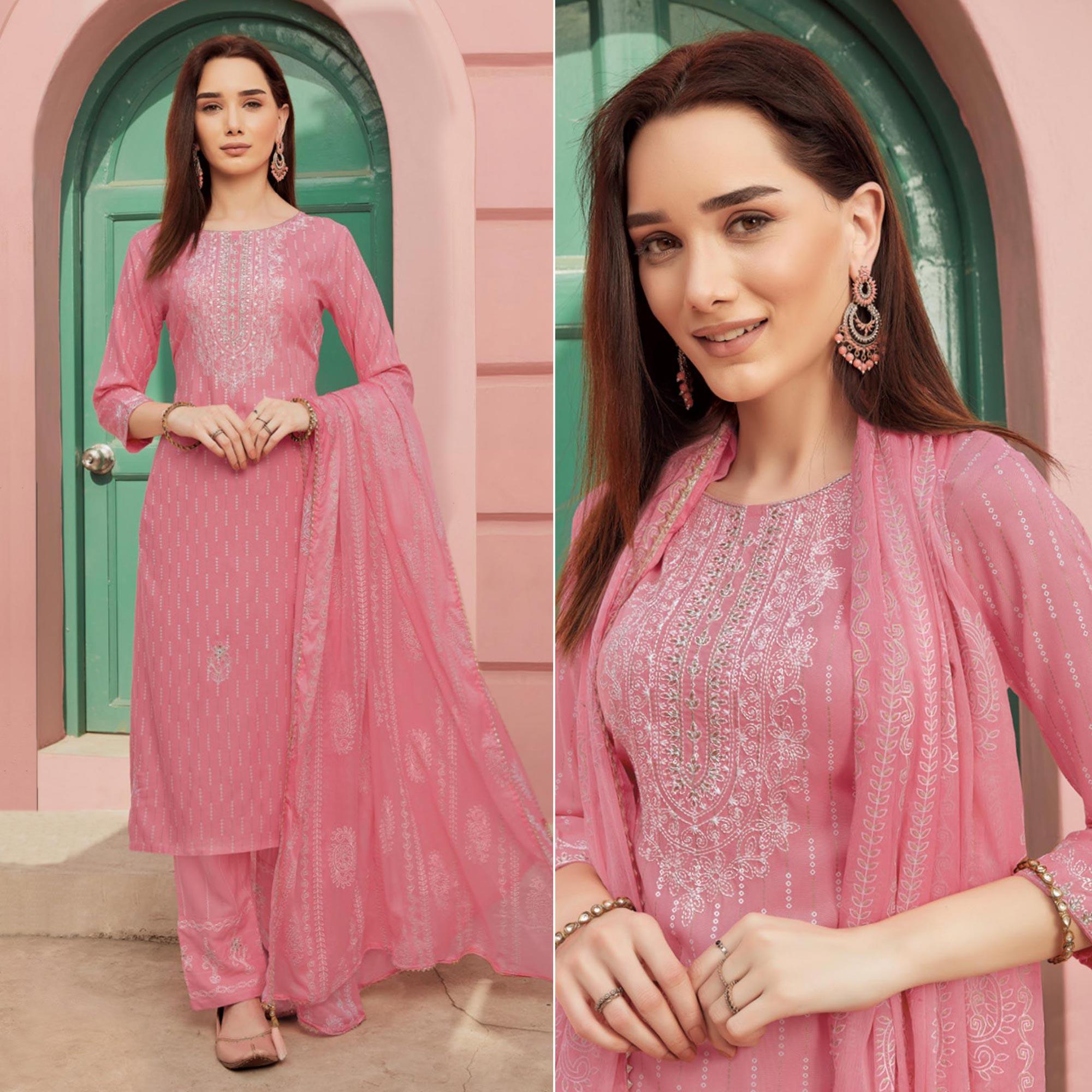 Peachmode Seller Light Pink Embroidery With Printed Pure Cotton Kurti Pant Set With Dupatta
