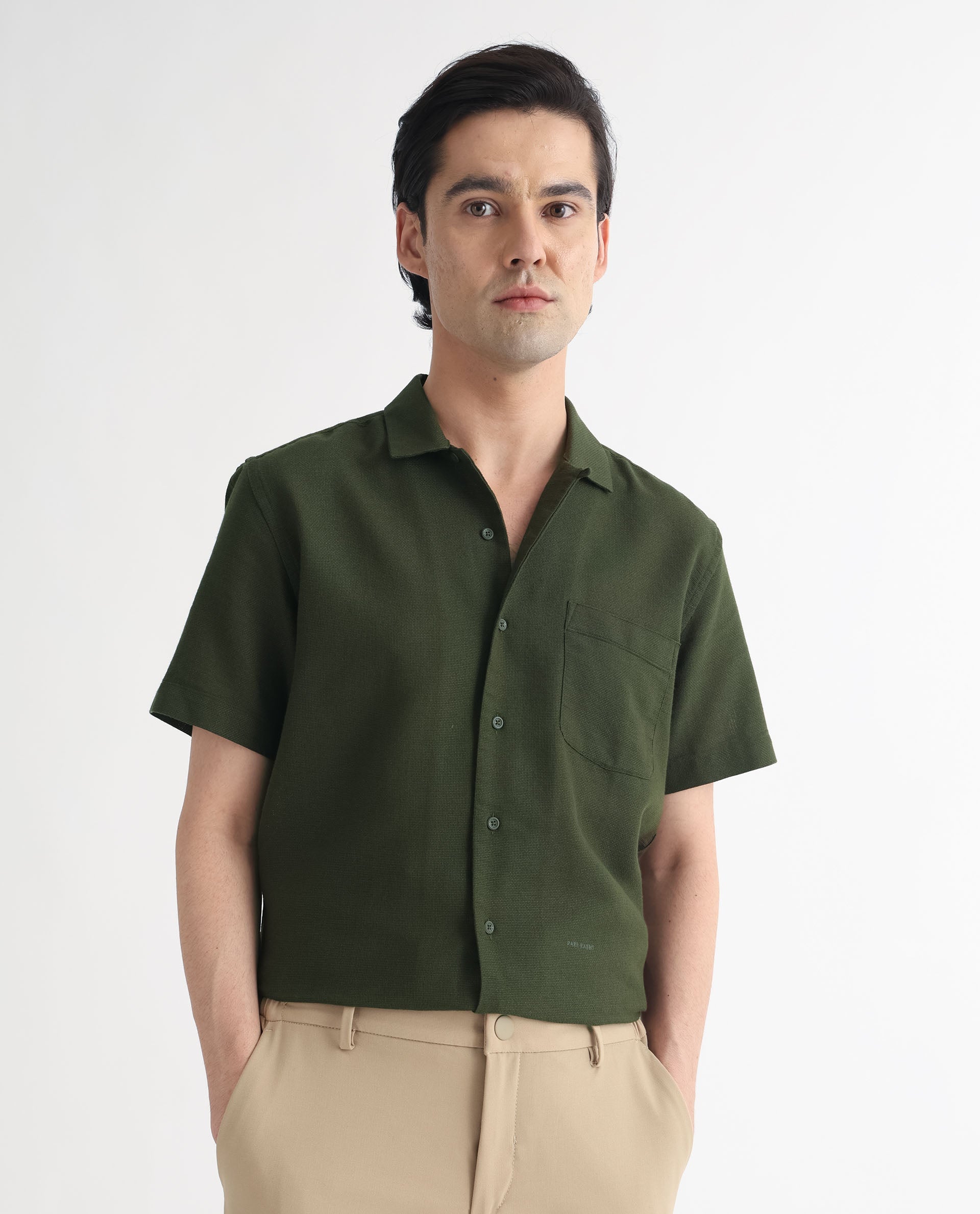 Rare Rabbit Men's Land Olive Cotton Fabric Cuban Collar Half Sleeves Knit Shirt