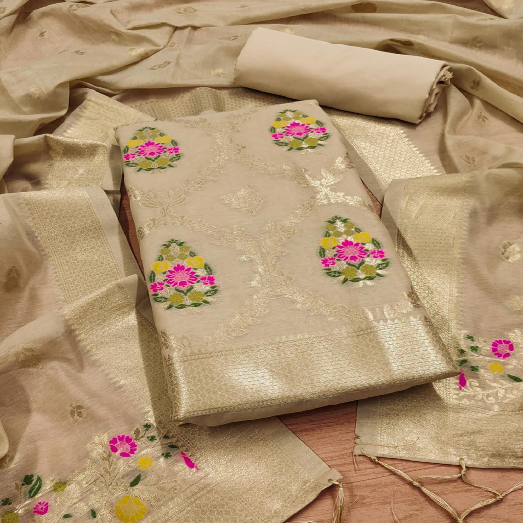 Peachmode Chikoo Floral Woven Chanderi Dress Material