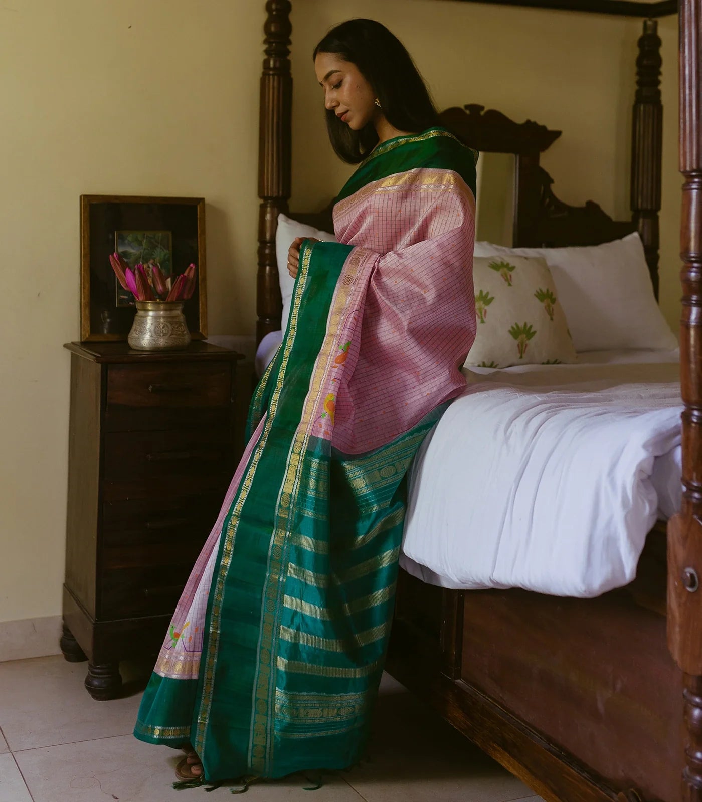 RmKV Baby Pink Handloom Chirala Silk Cotton Saree With Teal Border-Baby Pink - view 2