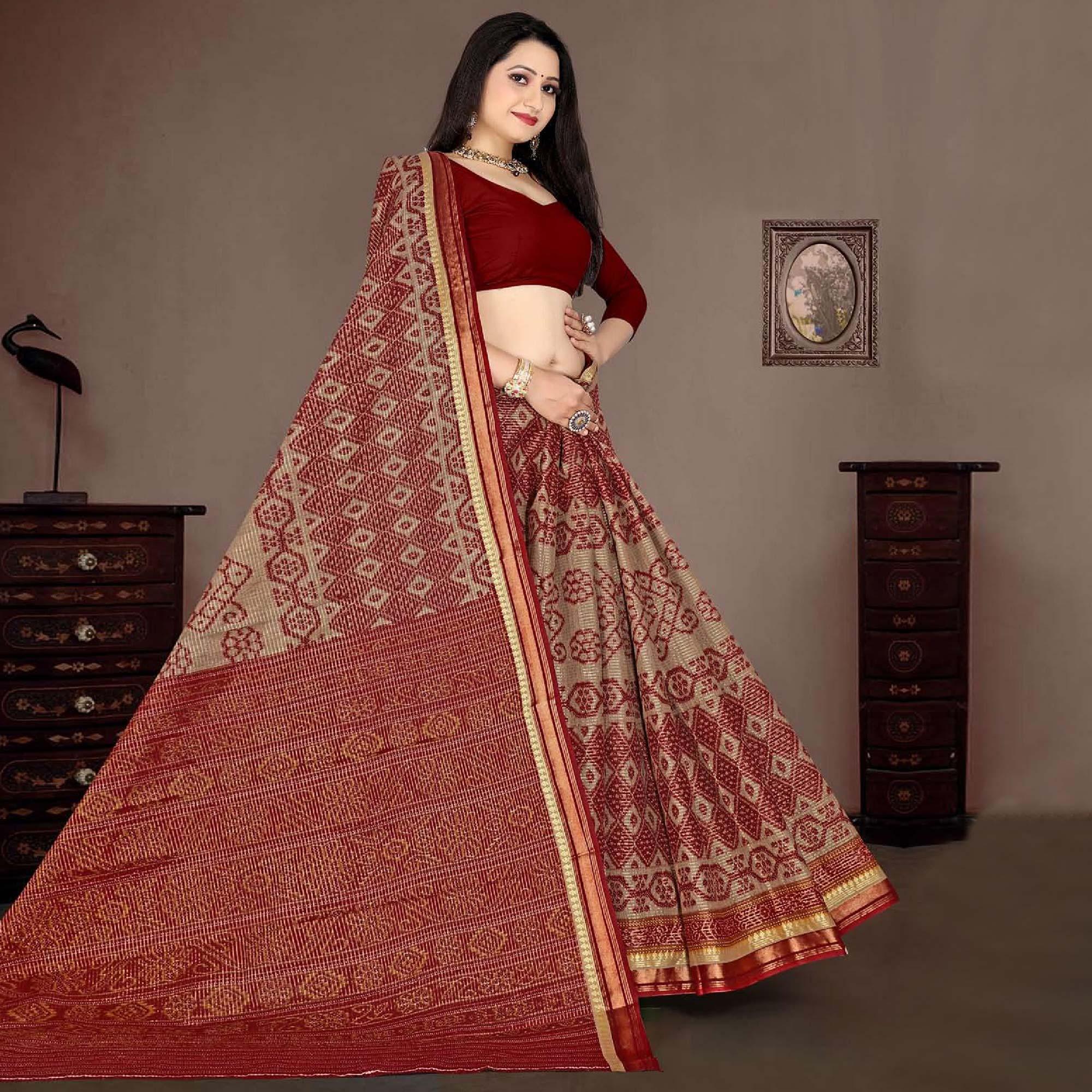 Peachmode Maroon Casual Wear Ikkat Printed Cotton Silk Saree