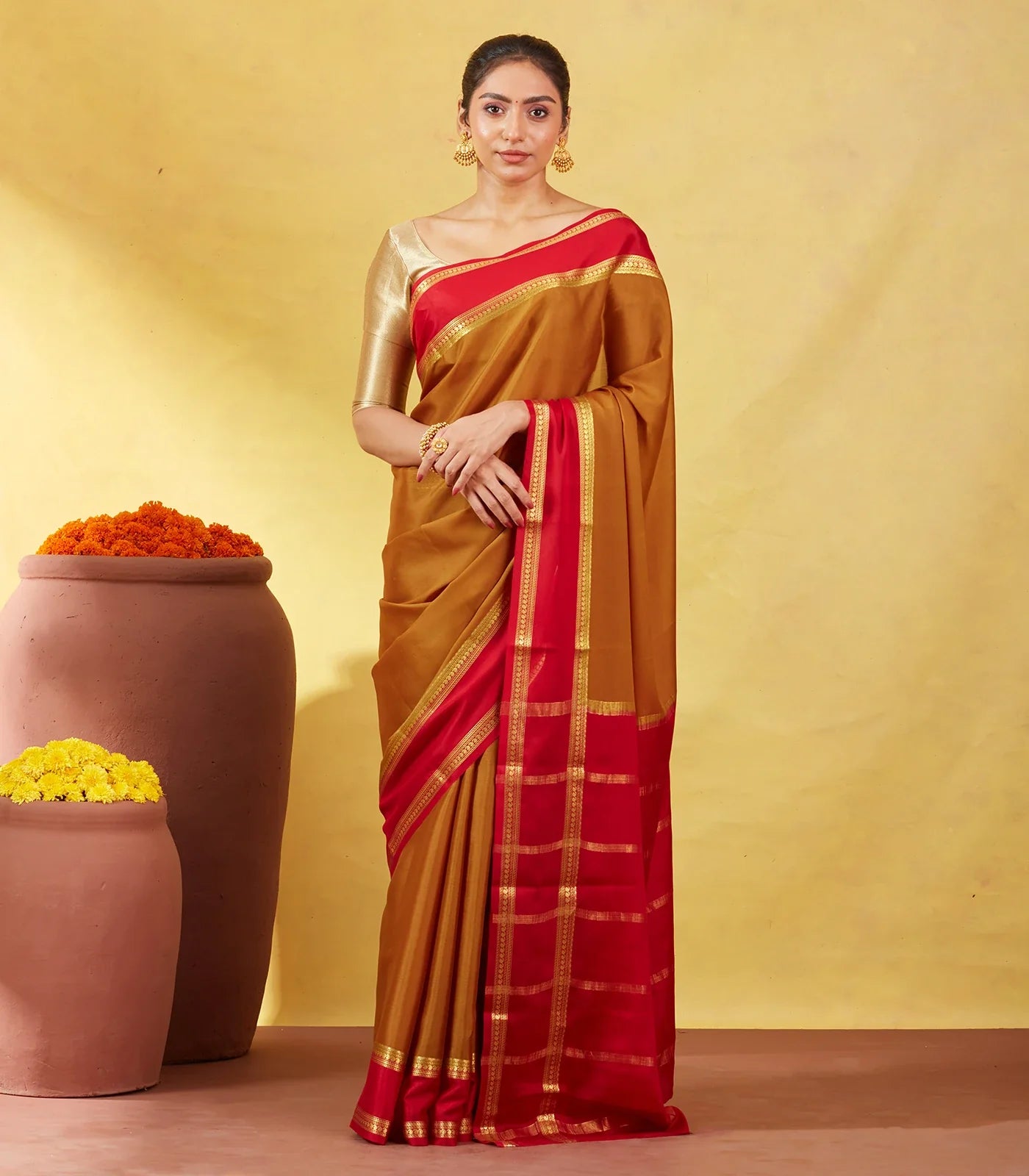 RmKV Olive Green Mysore Plain Crepe Silk Saree With Mango Motifs-Olive Green