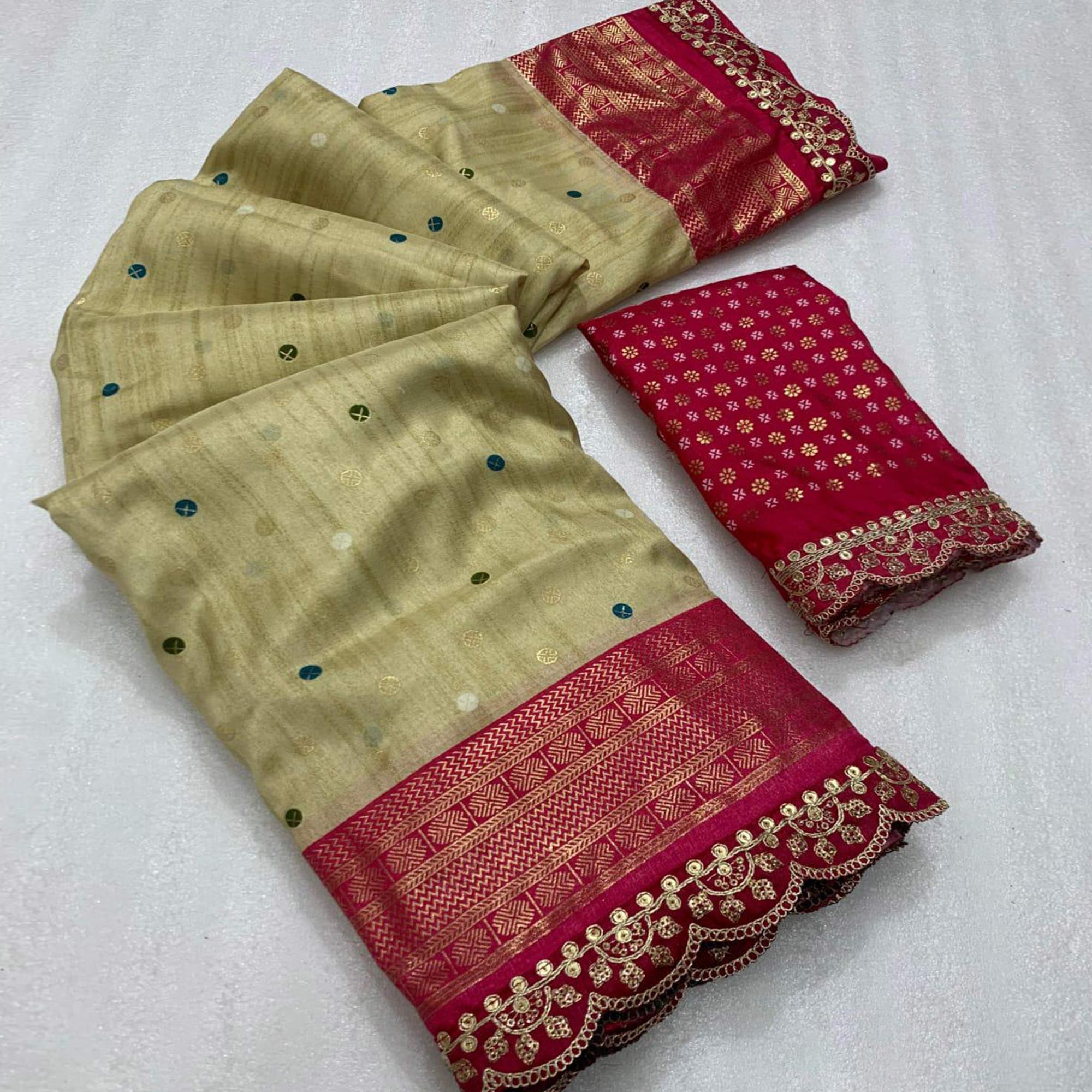 Peachmode Chikoo & Pink Foil Printed Dola Silk Saree With Sequins Embroidered Border