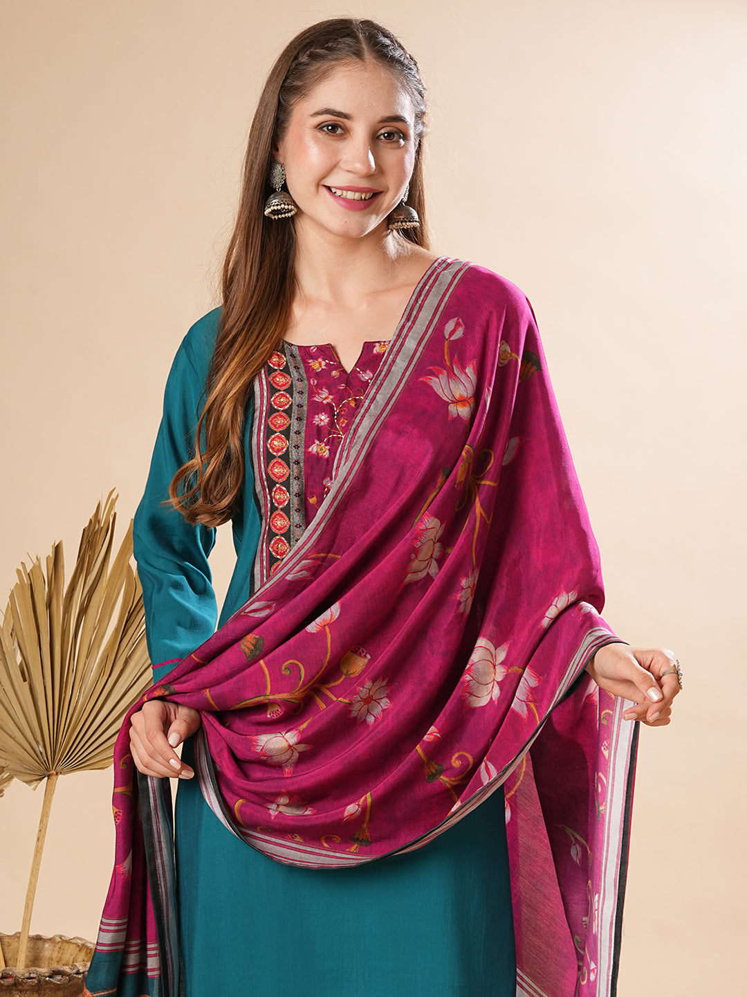 Fashor Solid Mirror Embellished Kurta with Pants & Floral Dupatta - Teal - view 3