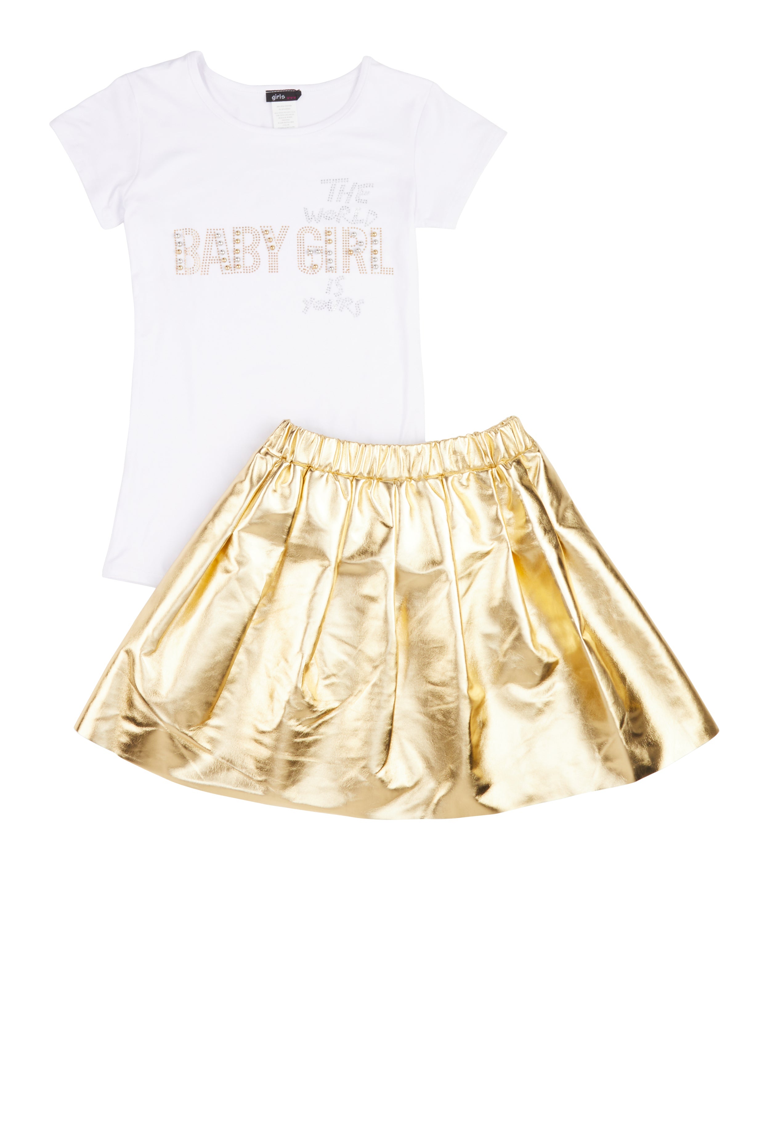 Rainbow Shops Girls Baby Girl Studded Tee and Metallic Pleated Skirt