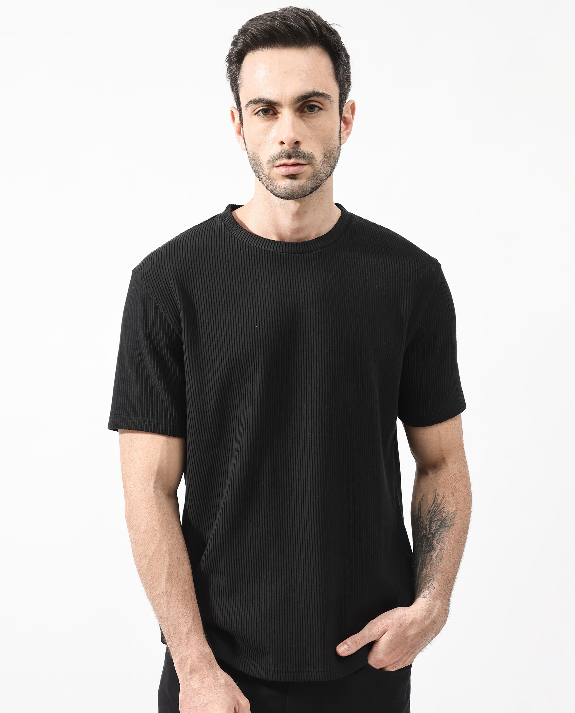 Rare Rabbit Men's Bree Black Crew Neck Ottoman Textured Drop Shoulder Half Sleeves Oversized Fit T-Shirt - view 8