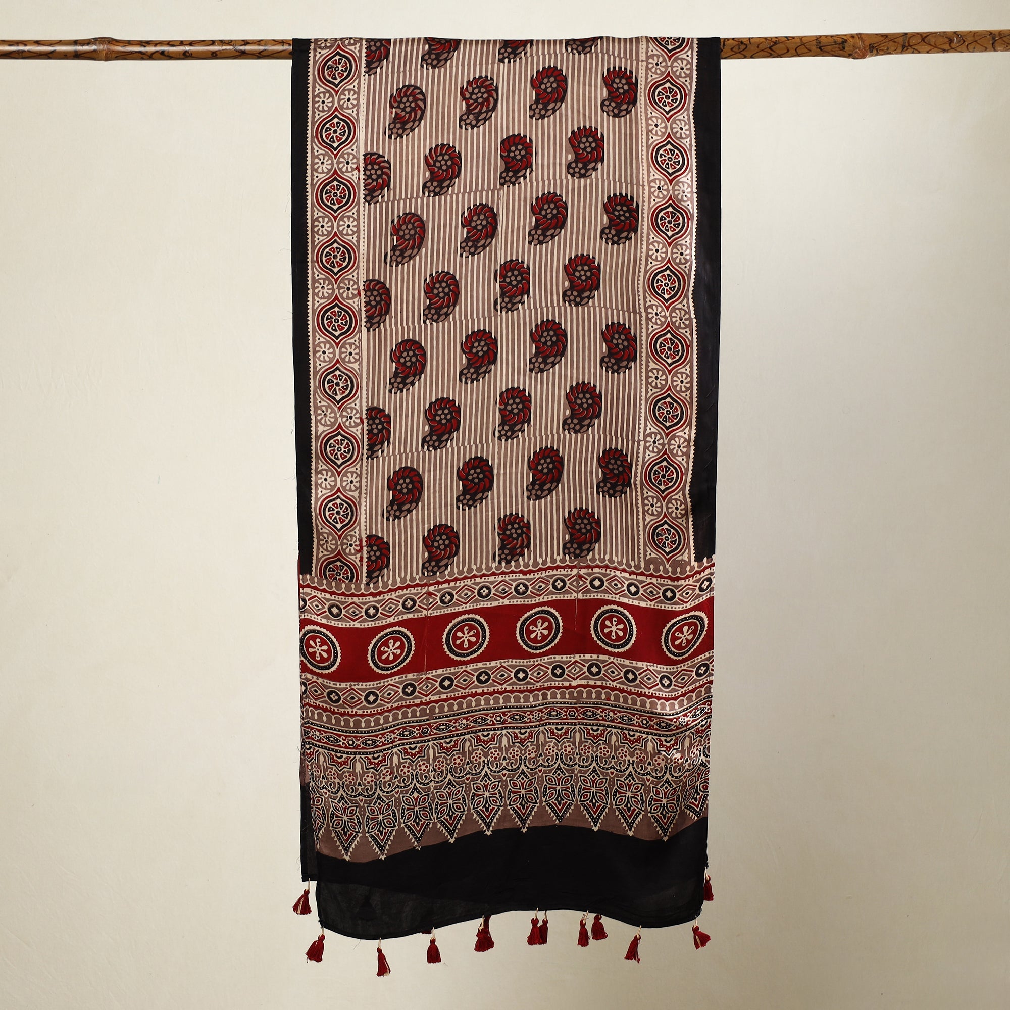 RIYAZ ABDULMAJID KHATRI - AJRAKH Brown - Ajrakh Block Printed Modal Silk Stole with Tassels - view 2