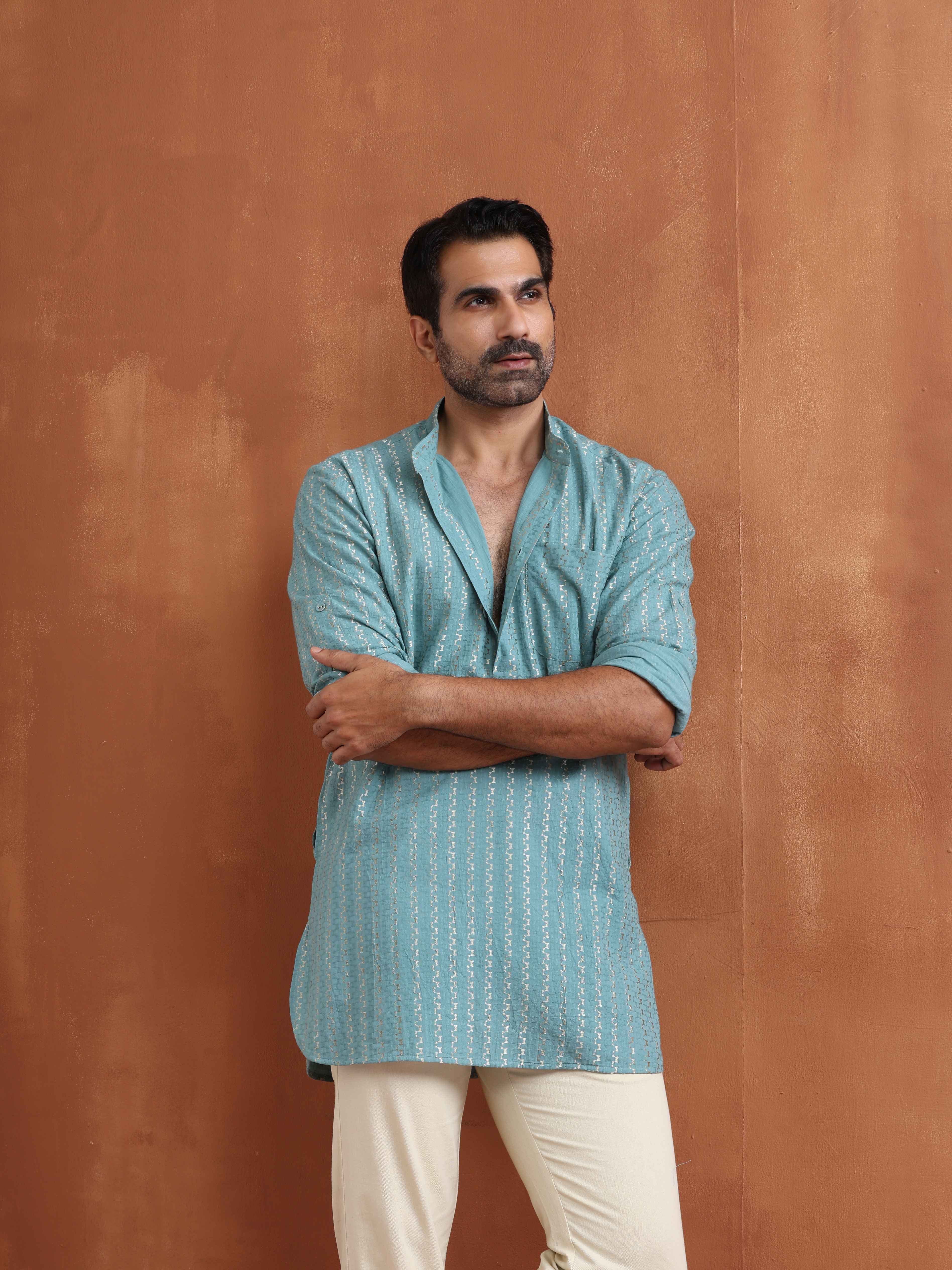 trueBrowns Men's Green Cotton Dobby Short Kurta - view 4
