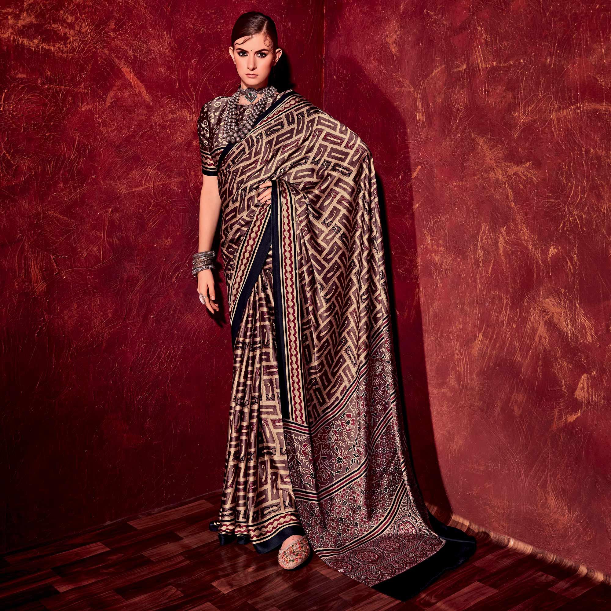 Peachmode Dark Brown Printed Satin Saree – Women's