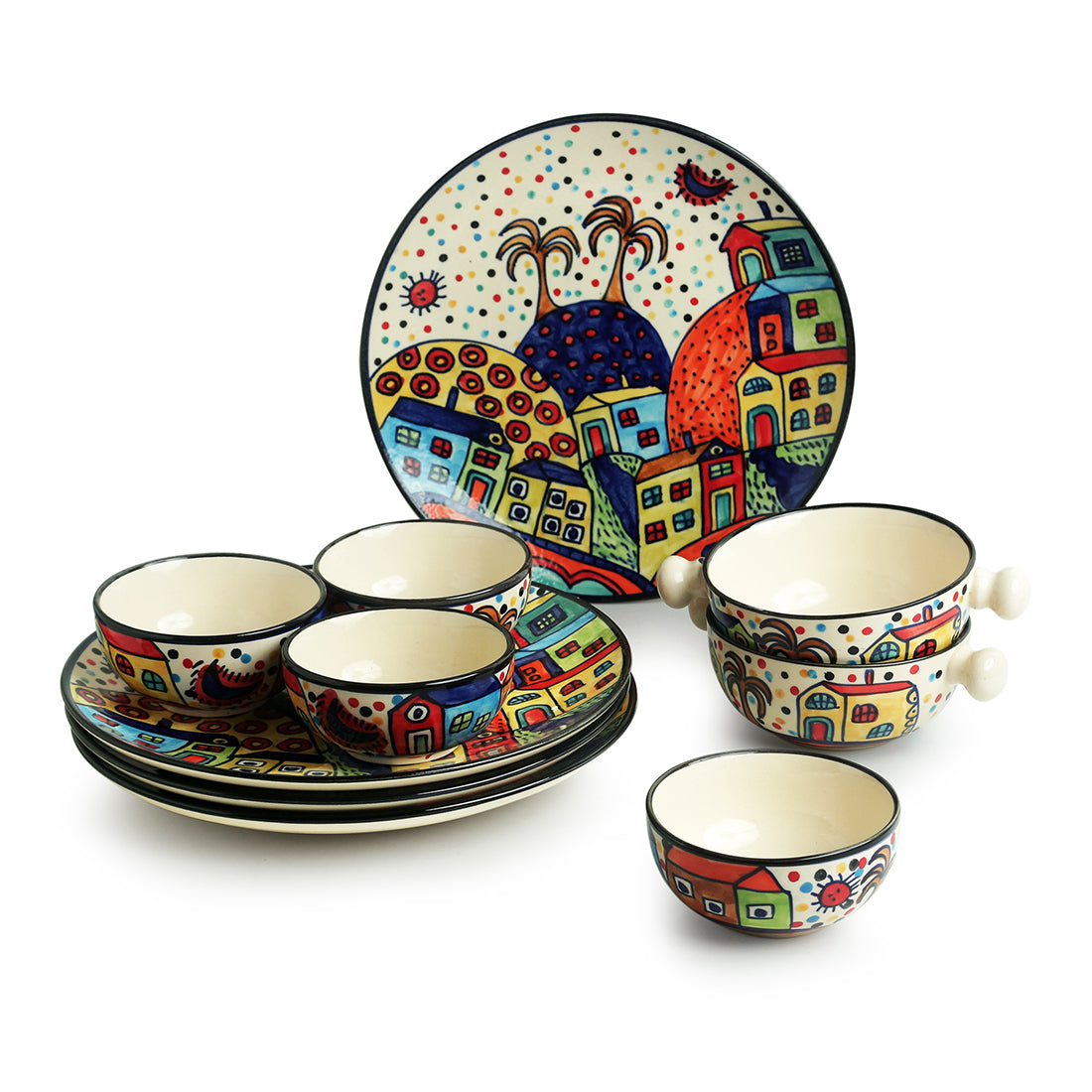 EXCLUSIVELANE 'Hut Dining' Handpainted Ceramic Dinner Plates With Katoris & Serving Bowls (10 Pieces, Serving for 4) - view 2
