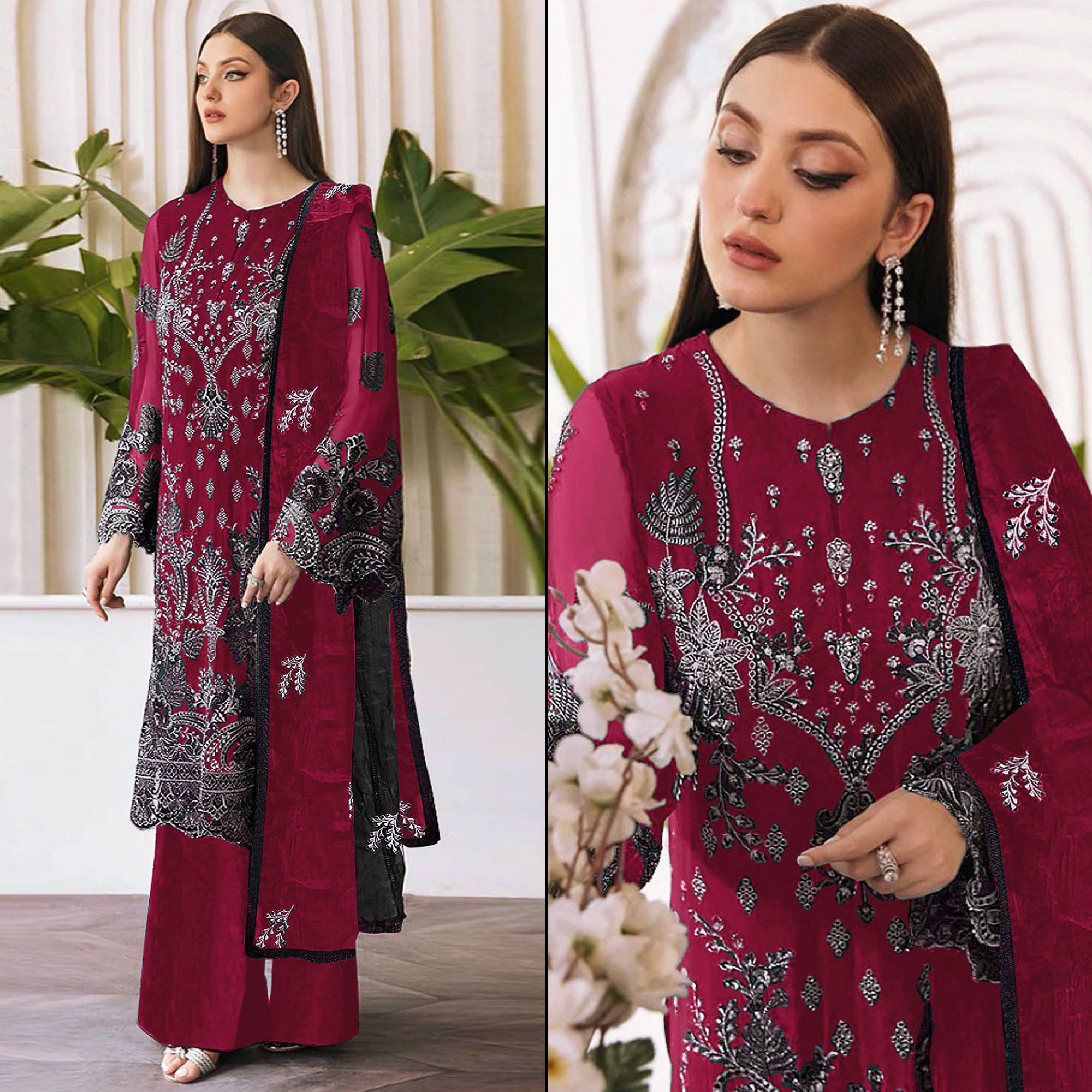 Peachmode Maroon Embroidered Georgette Pakistani Semi Stitched Dress Material