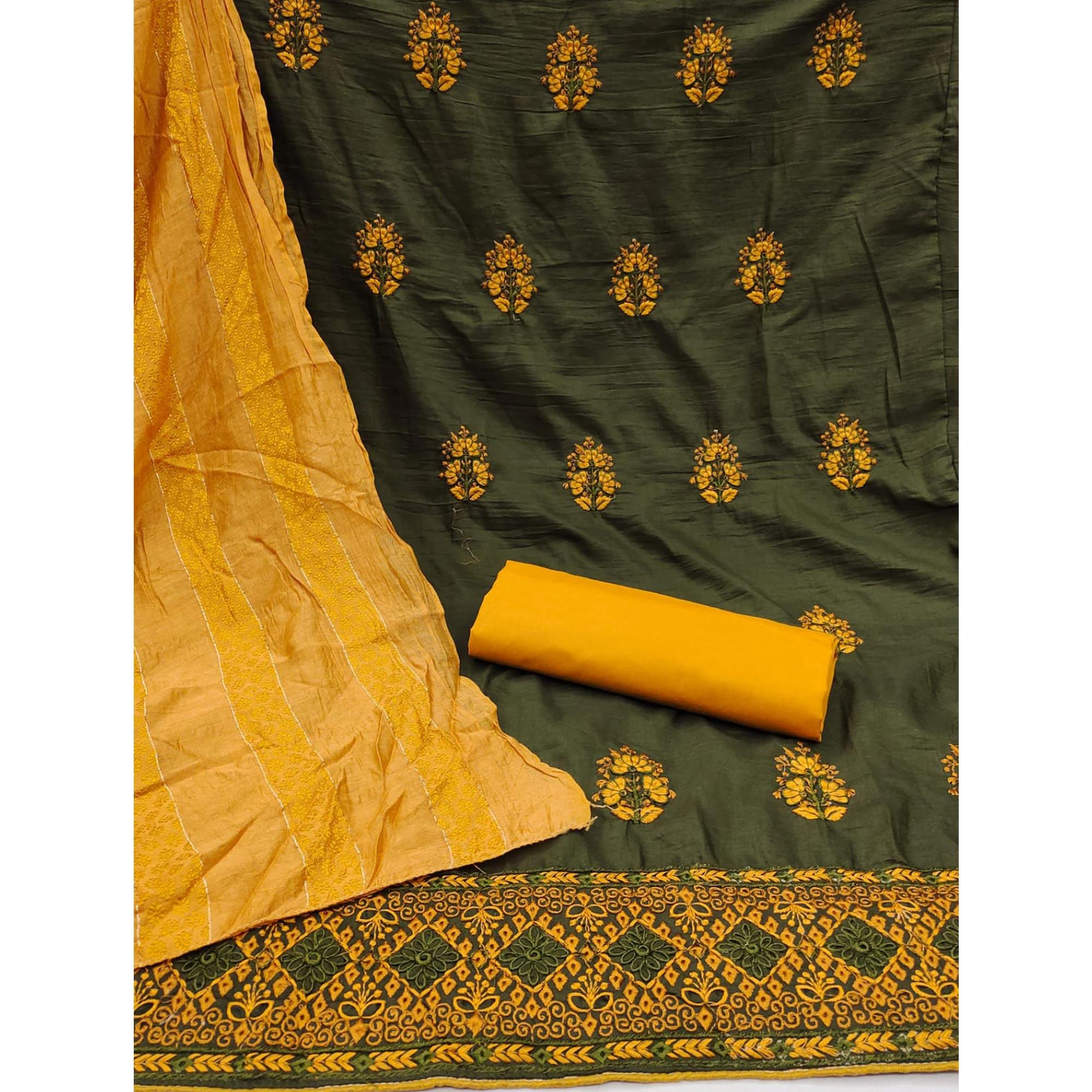 Peachmode Mehendi Green Floral Embroidered Pure Silk Dress Material - view 3