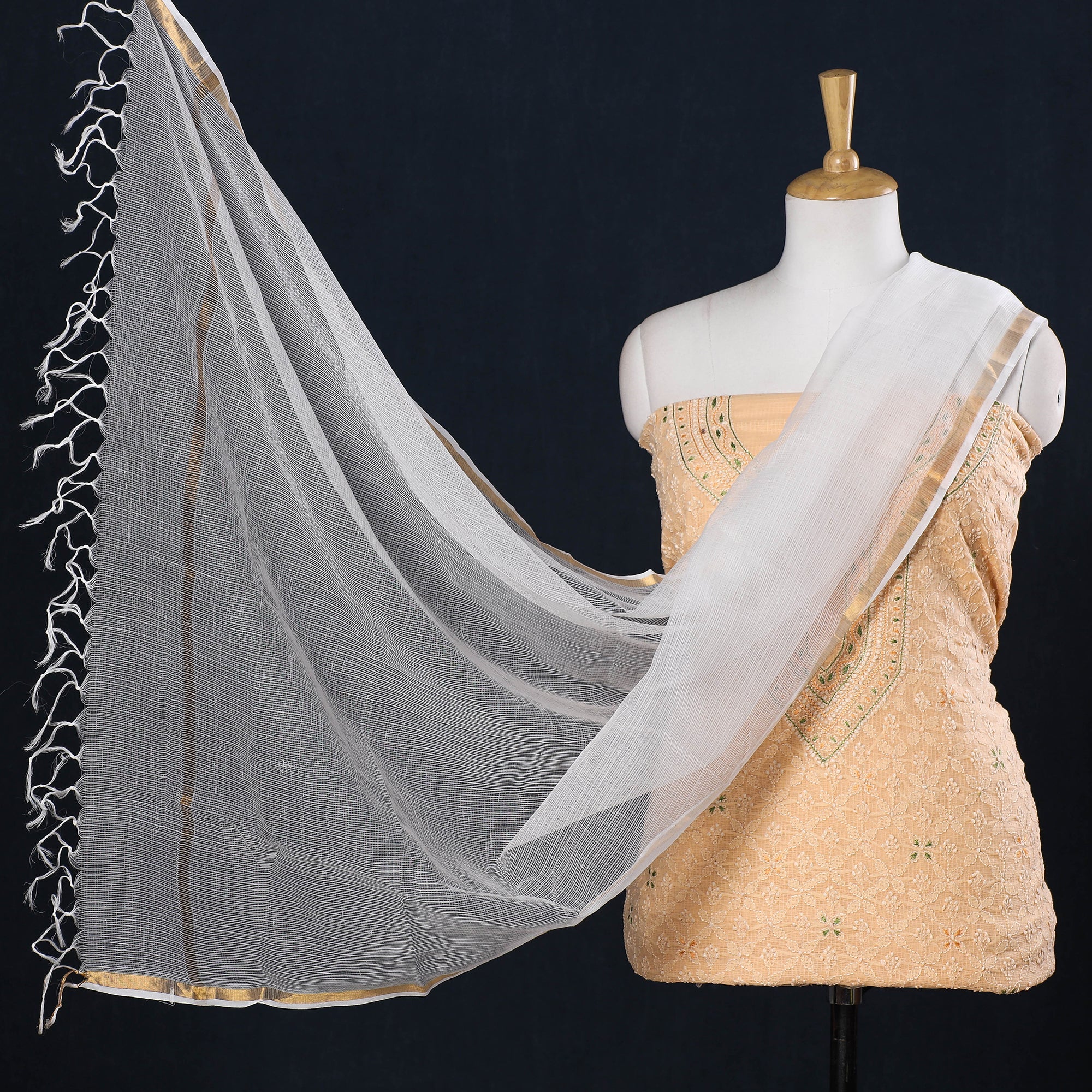 ITOKRI CRAFTS INITIATIVE Beige - 2pc Lucknow Chikankari Hand Embroidery Beadwork Kota Doria Suit Material Set