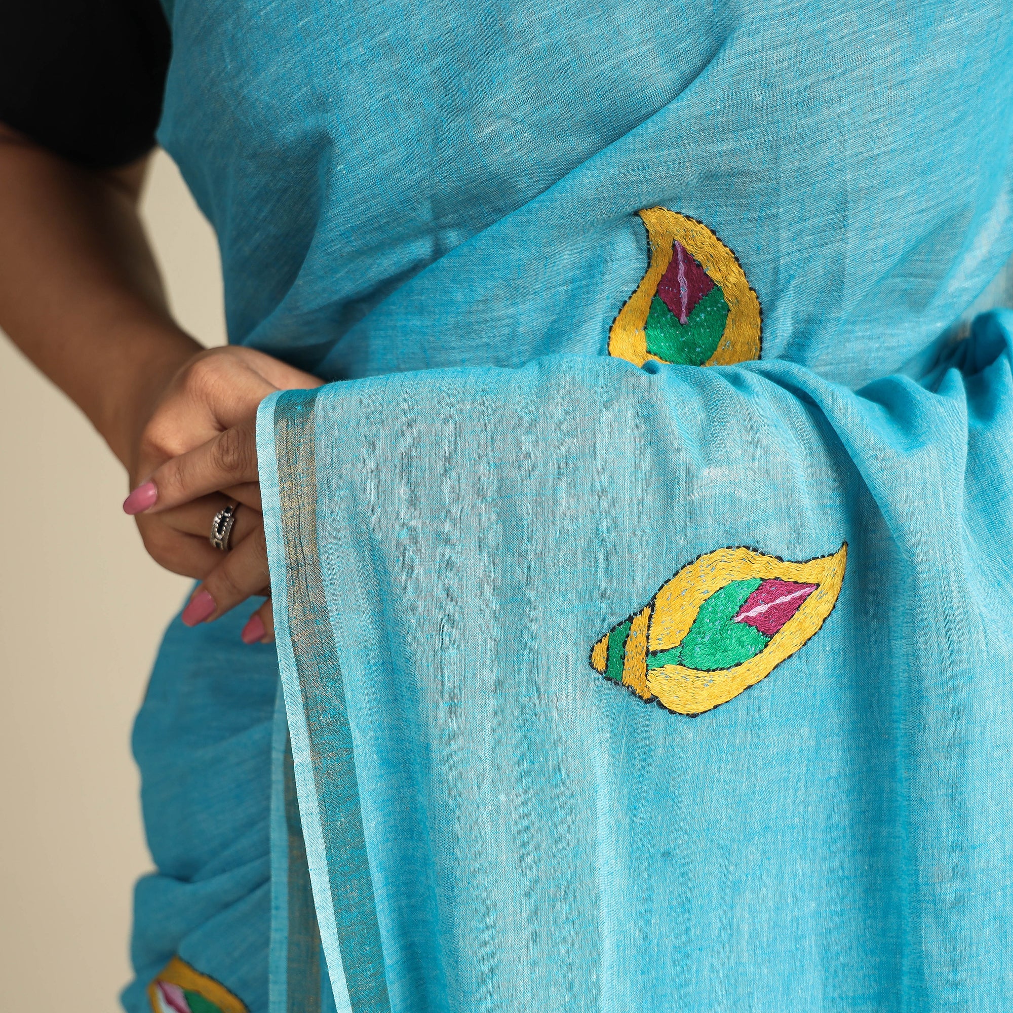 KHUSHBASH - HAPPY LOOM OF EAST Blue - Bengal Kantha Embroidery Pure Cotton Handloom Saree - view 6