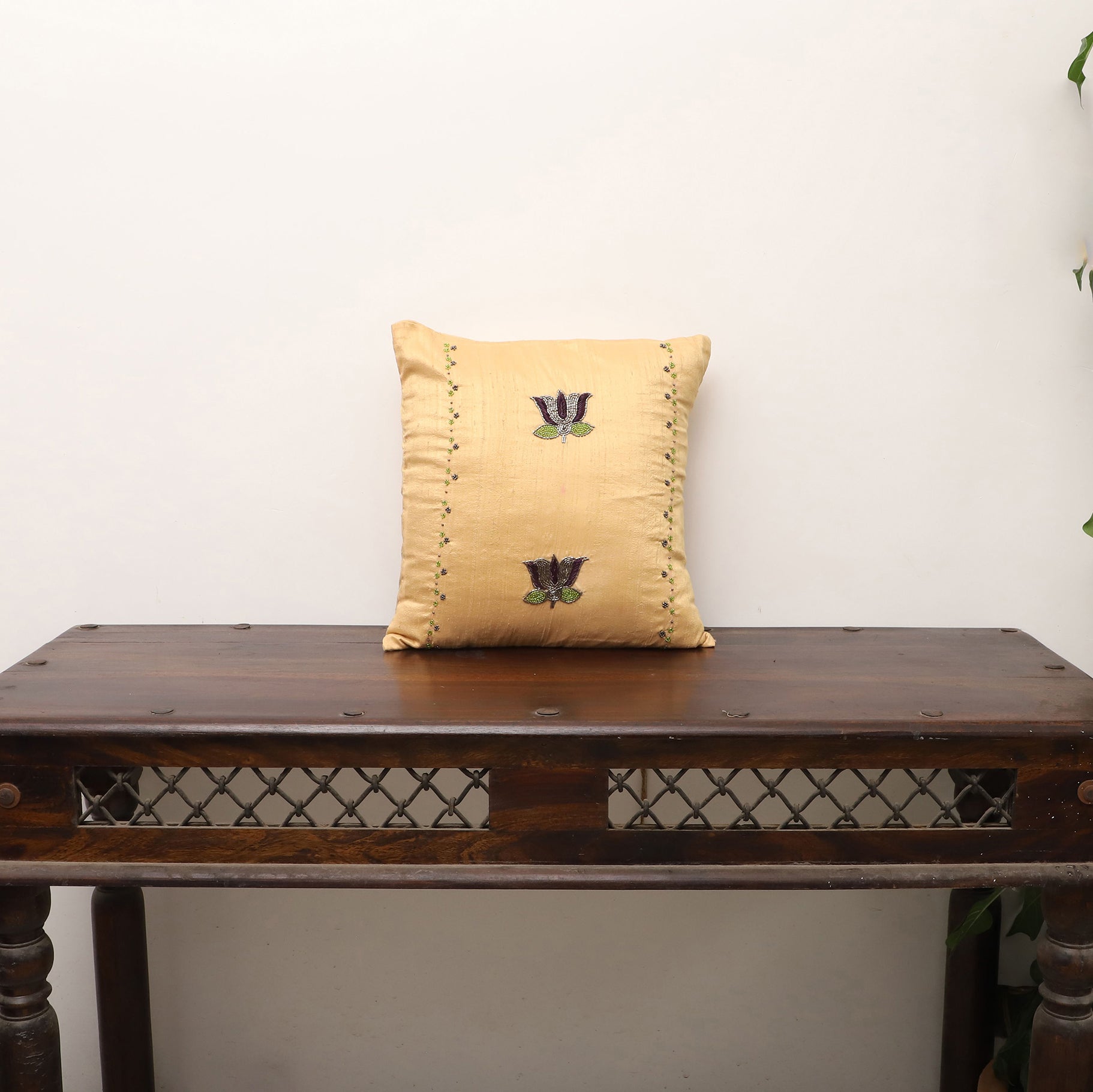 TICS Beige - Lotus Buta - Sequin & Beadwork Raw Silk Cushion Cover (Set of 5) - view 2