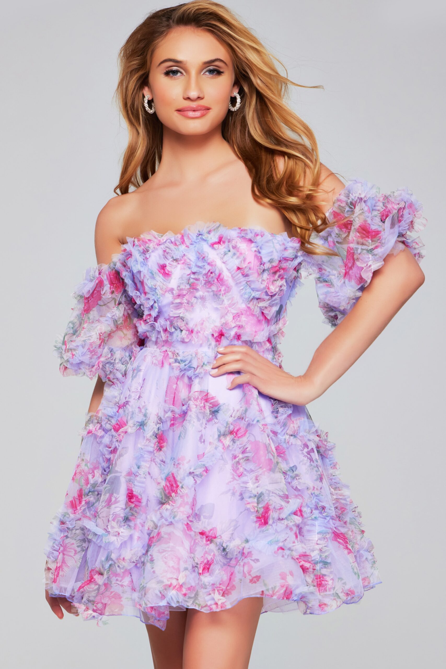 Floral Print Short Off Shoulder A-line Dress by Jovani 40330 - view 3