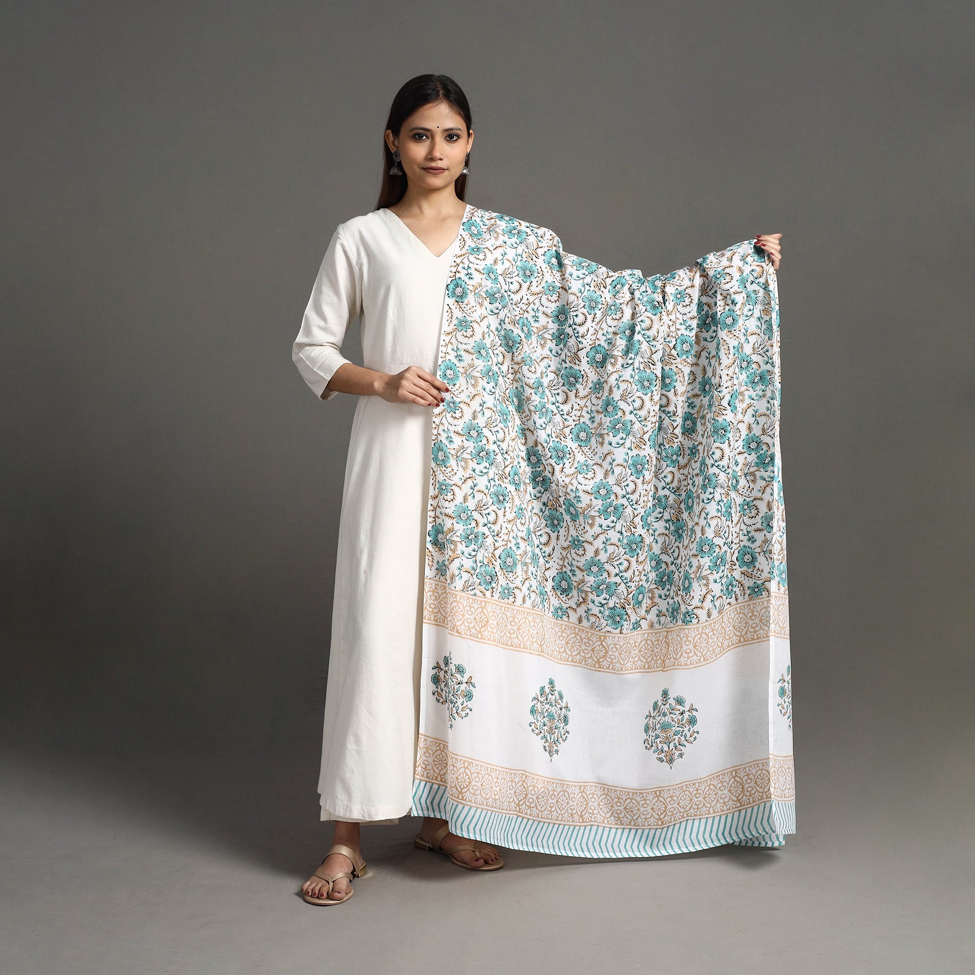HAVELI CHRONICLES Blue - Block Print Cotton Sanganeri Floral Dupatta 05 - view 2