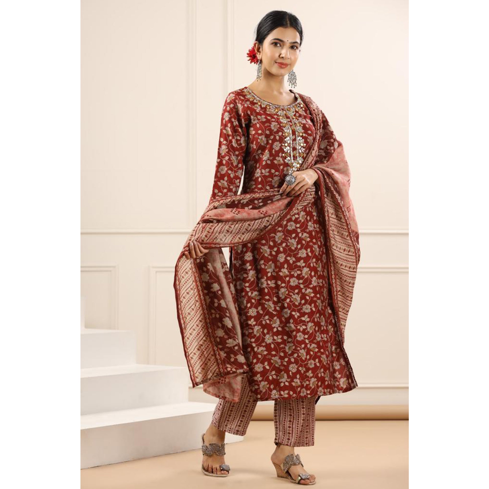 Peachmode Maroon Jaipuri Printed Chanderi Salwar Suit - view 5