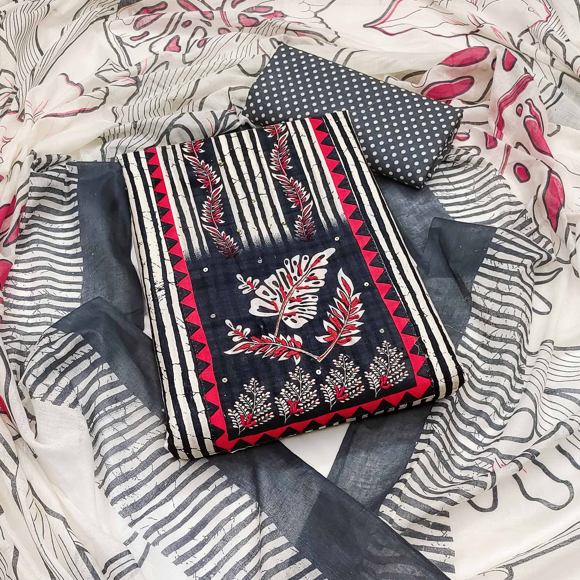 Peachmode Grey Striped Printed With Embroidered Pure Cotton Dress Material