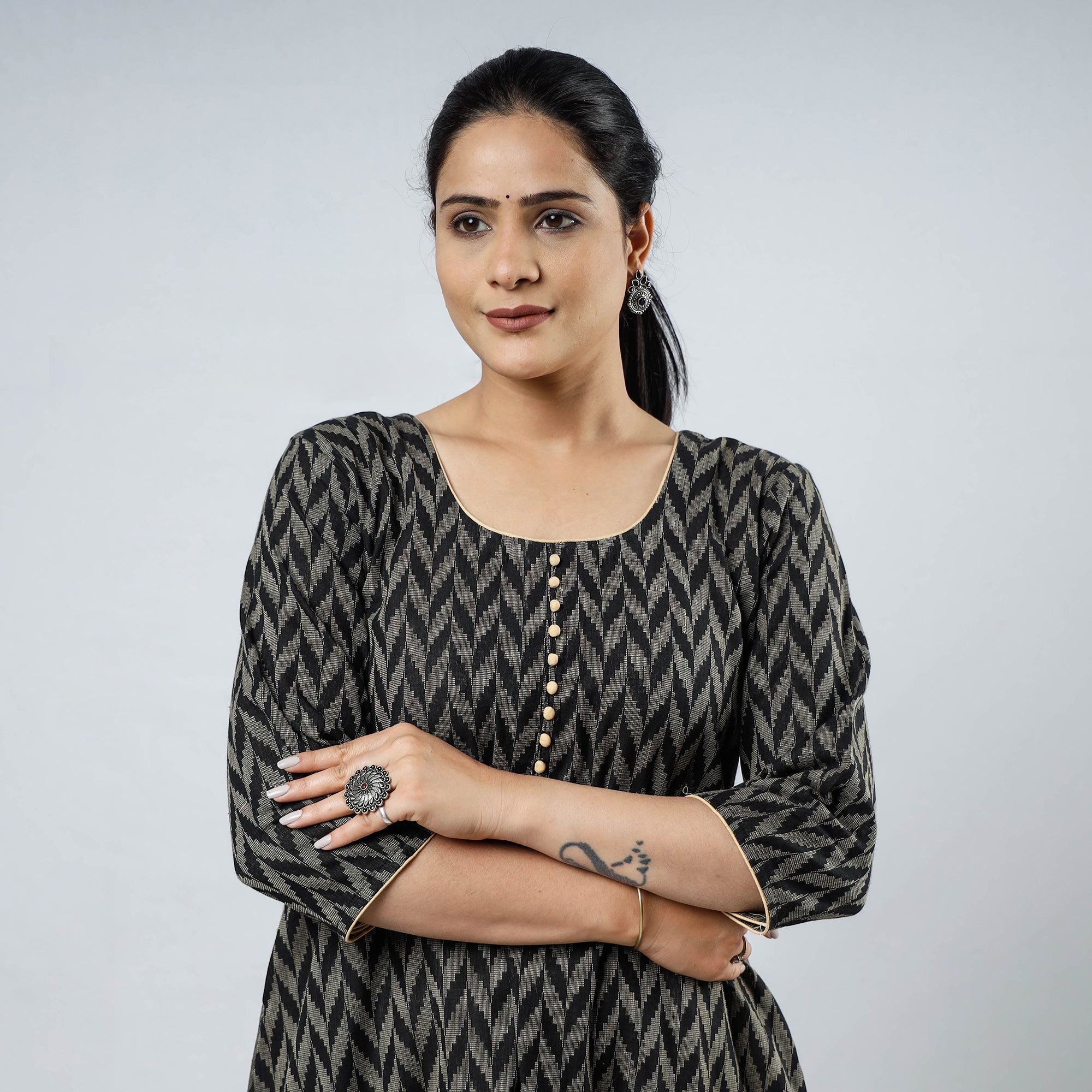ITOKRI CASUALS Black & Beige - Jacquard Cotton Long Straight Kurta