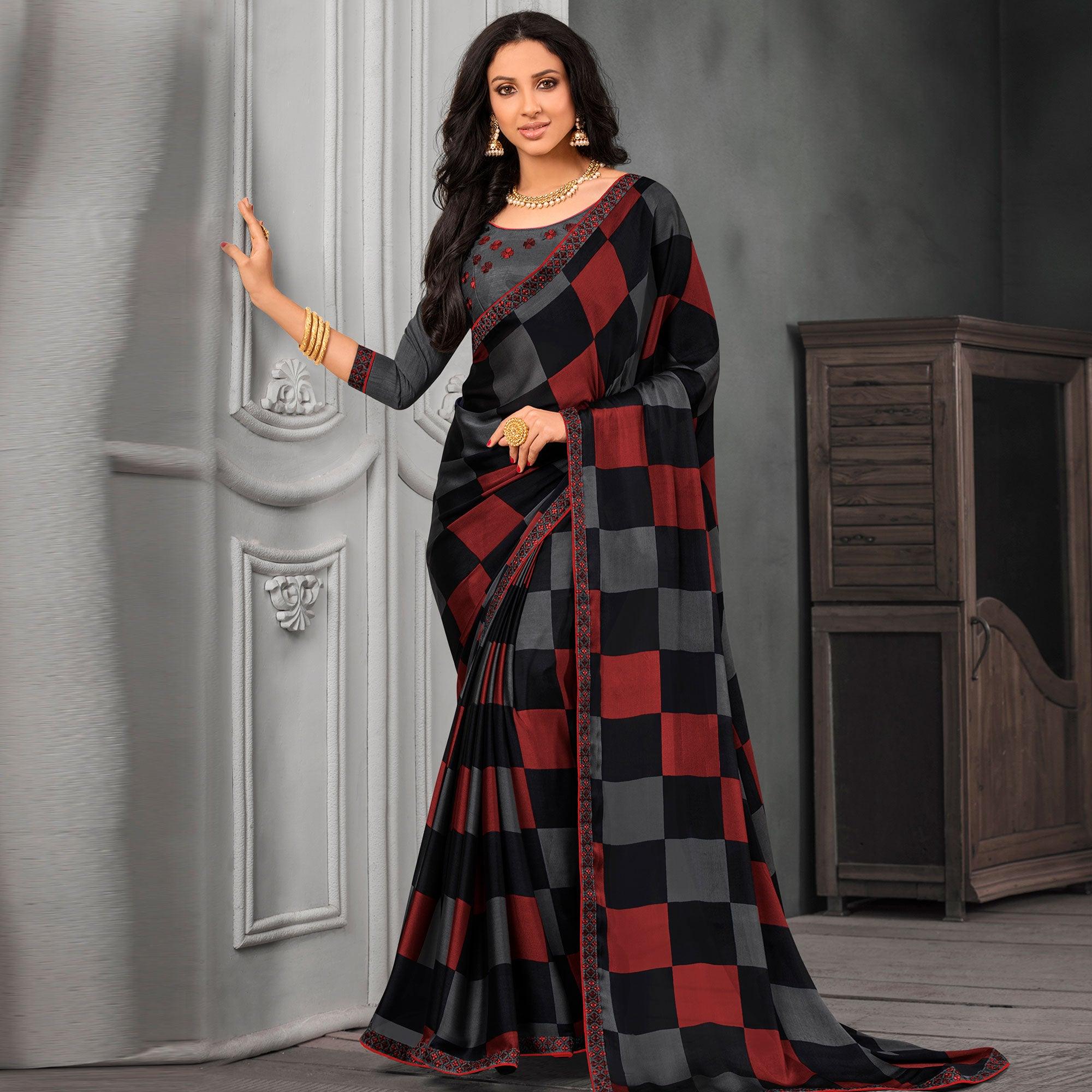 Peachmode Elegant Grey-Maroon Colored Partywear Printed Chiffon Saree