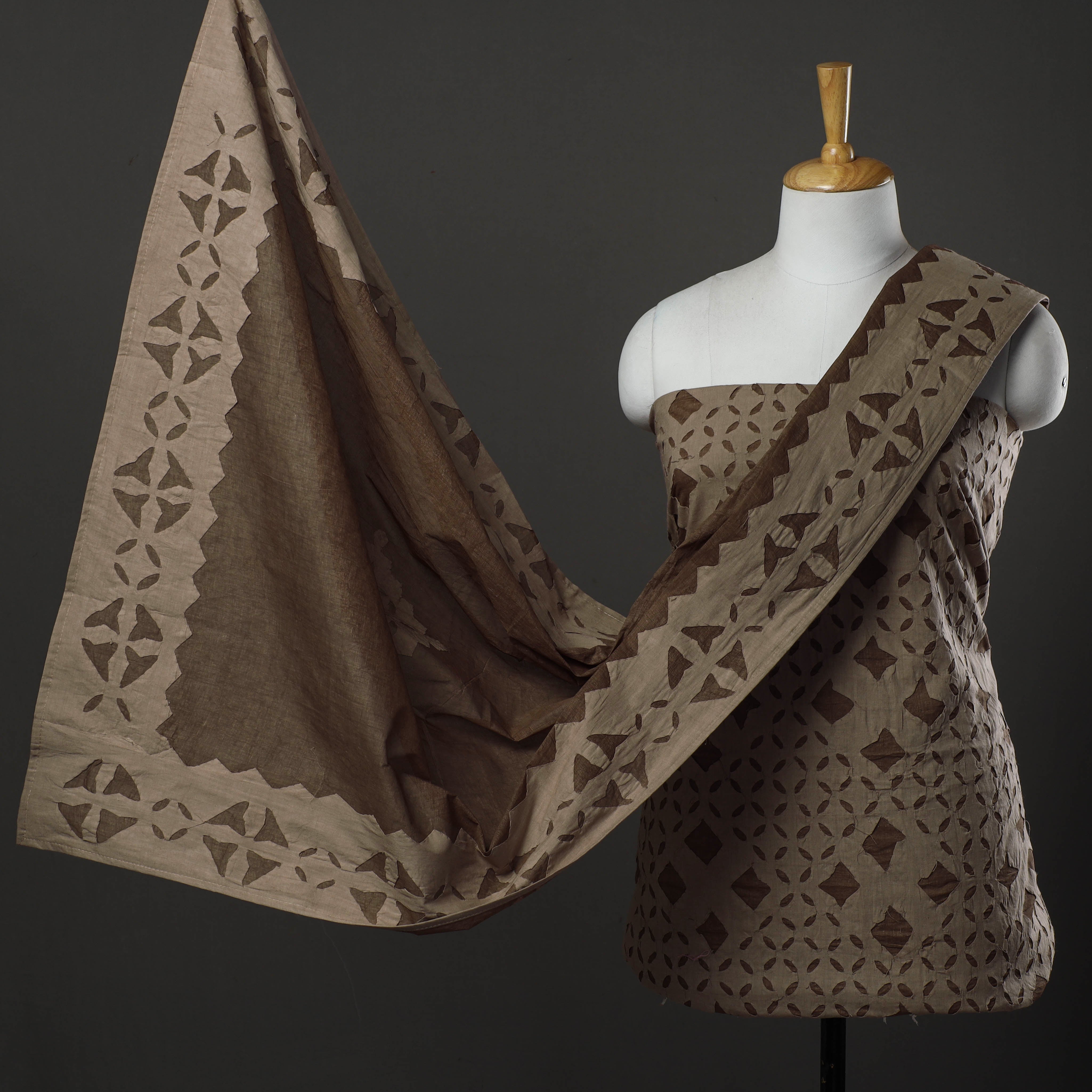 SHADES OF MARUDHARA Brown - 3pc Cut Work Cotton Barmer Applique Dress Material 11