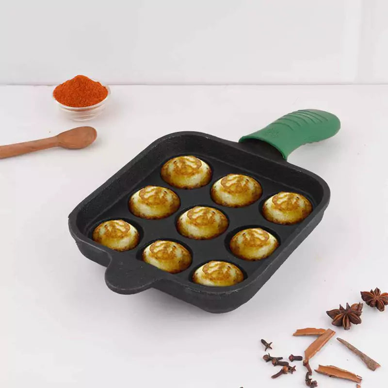 The Indus Valley 9 Pit/Cup CASTrong Cast Iron Paniyaram/Appe Pan+ Cool Silicone Grip, Pre-seasoned, Nonstick, 100% Pure, Toxin-free, 18cm, 2.4 kg - view 15